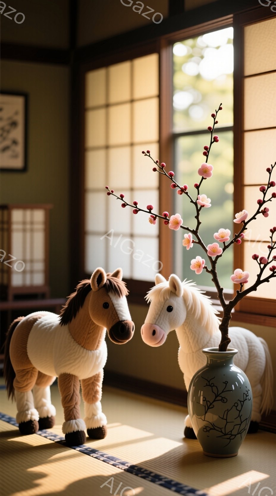 畳の上に、茶色と白の2匹のぬいぐるみ馬が並んで立っています。背景には障子窓があり、春の桜の枝が活けられた花瓶が置かれています。全体的に、穏やかで温かい、日本の春の雰囲気が漂っています。 - AI生成フリー素材
