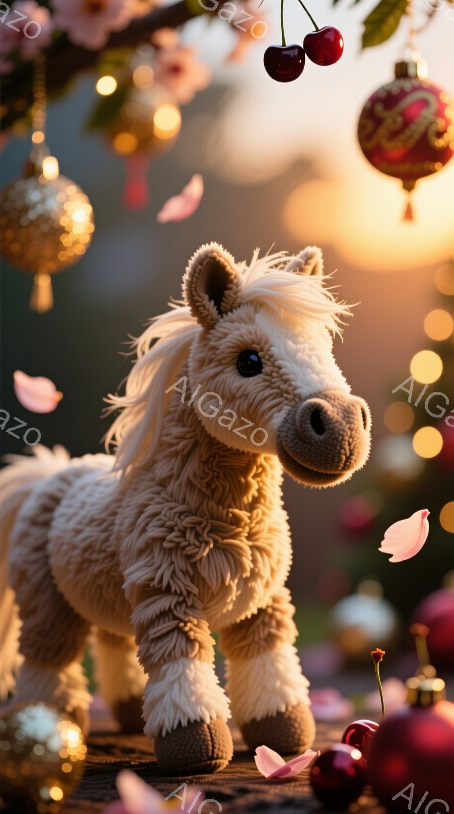 ふわふわとしたクリーム色の毛並みの馬のぬいぐるみです。ピンク色の花びらが舞い散り、背景にはぼやけたクリスマスオーナメントや赤い実が散りばめられています。全体的に温かく、夢幻的な雰囲気が漂っています。