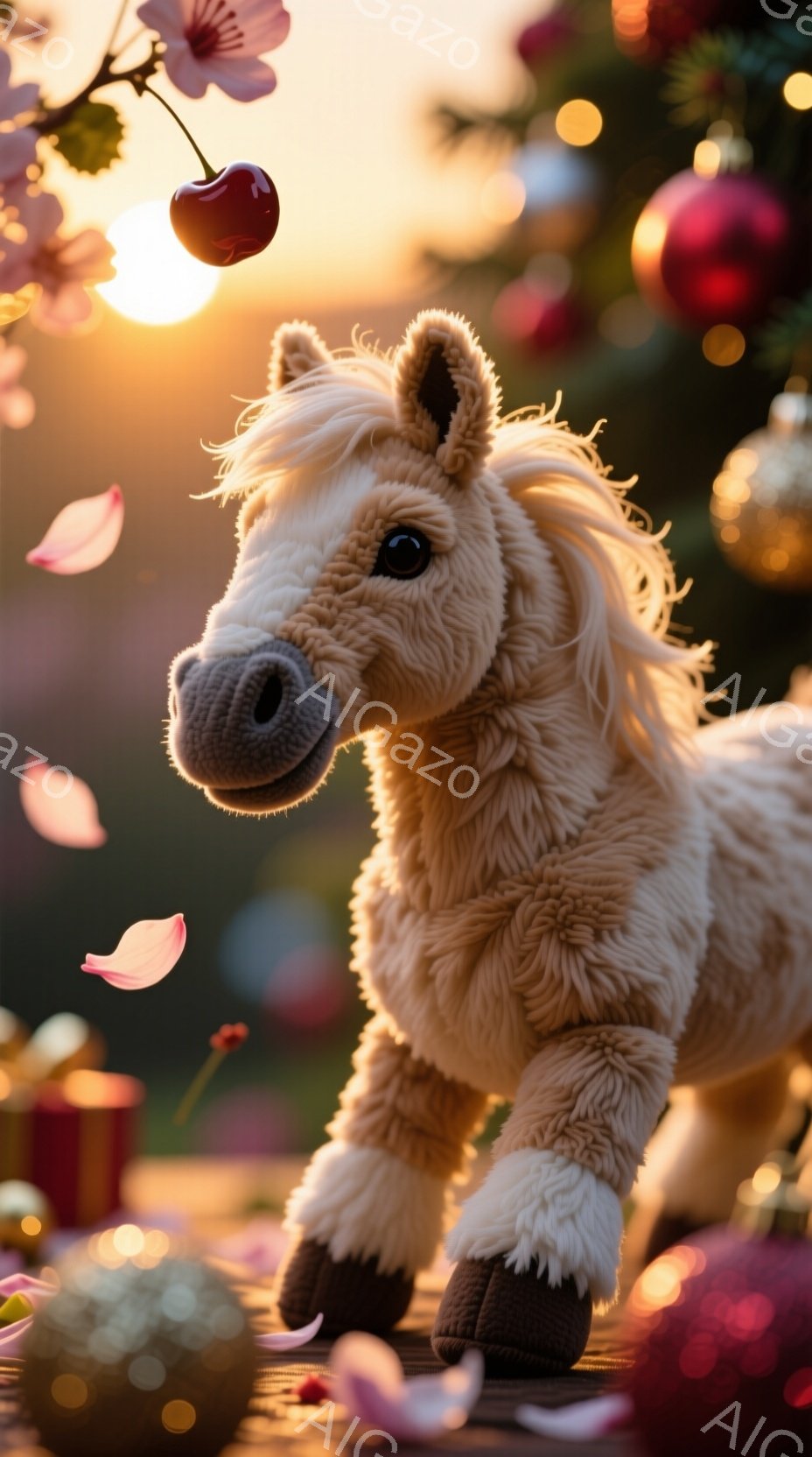柔らかいベージュ色の毛並みを持つ子馬のおもちゃが、ピンク色の花びらが舞う中で佇んでいます。背景にはクリスマスツリーの飾りや赤い実がぼんやりと見え、温かい光が全体を包み込んでいます。子馬は正面を見据え、 - AI生成フリー素材