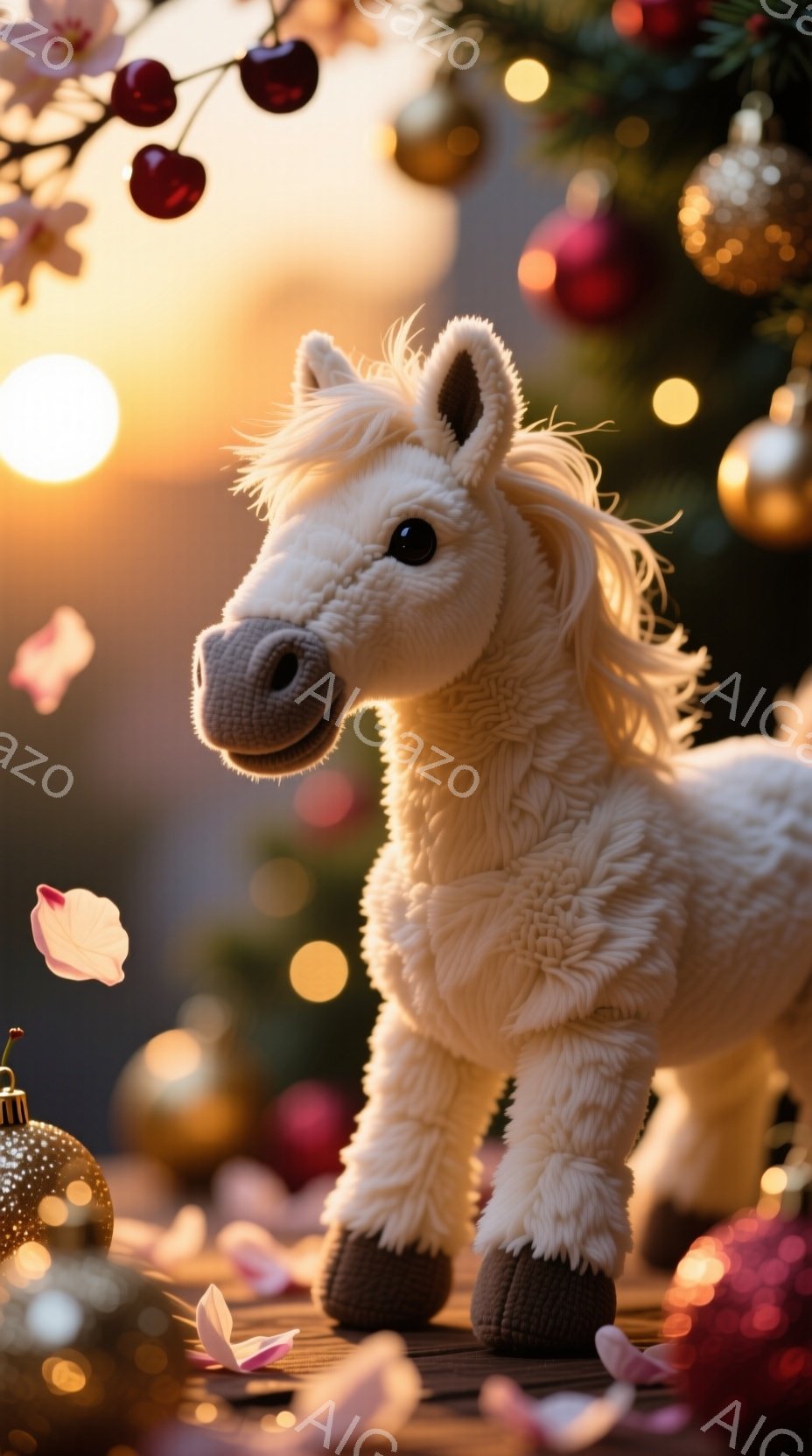 白い毛並みのテディベアのような馬のおもちゃが、薄暗い背景の中で立っています。背景にはぼやけたクリスマスツリーの飾りや、散りばめられた桜の花びらが確認でき、暖かく幻想的な雰囲気を醸し出しています。馬の表 - AI生成フリー素材
