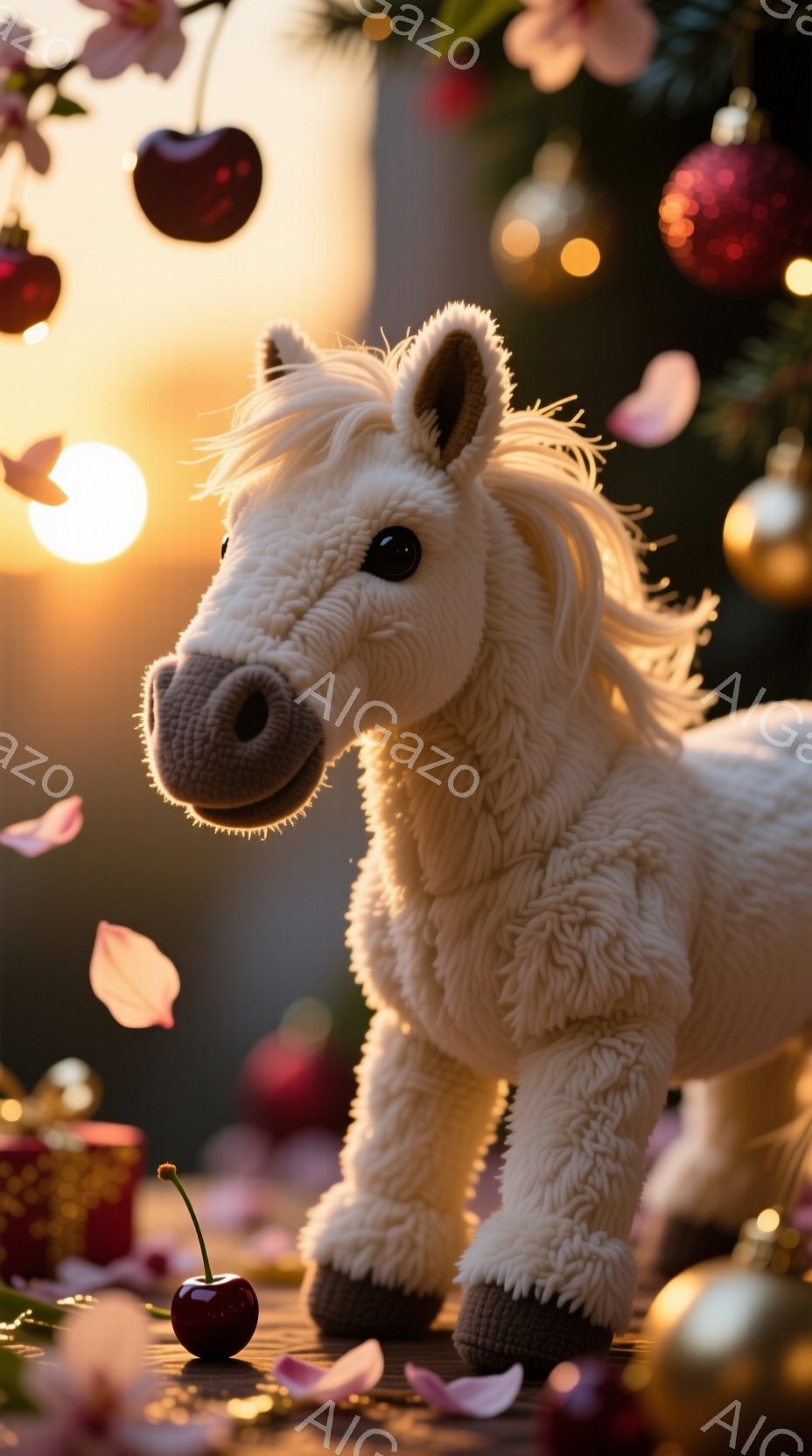 白くふわふわとした毛並みの馬のぬいぐるみがお祝いの背景の中で描かれています。背景にはクリスマスツリーやオーナメント、そして舞い散る花びらが散りばめられ、赤いチェリーが前景に置かれています。全体的に暖かく、お祝いムードに満ちた雰囲気で、夢のような、またはファンタジーのような印象を与えます。
