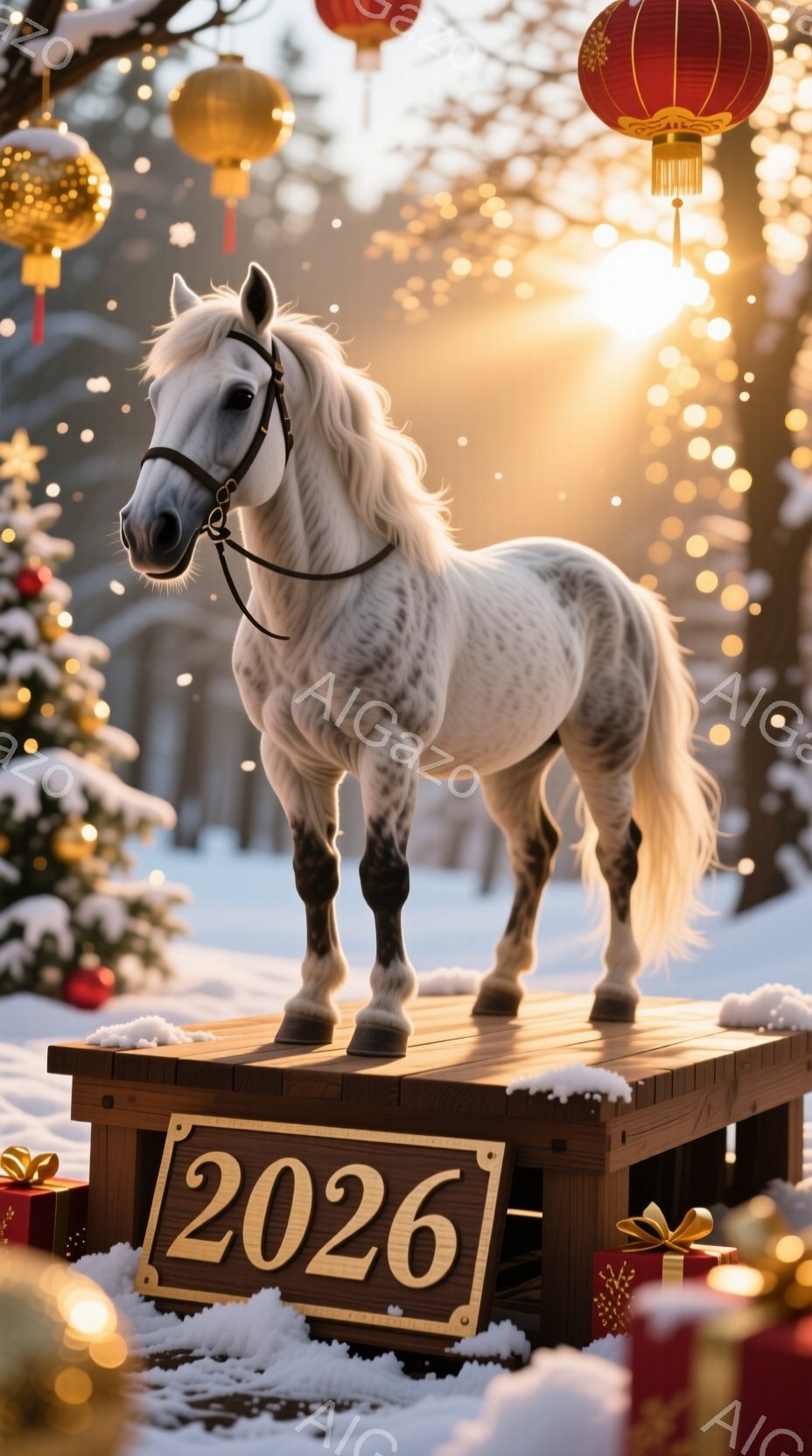 白い馬が雪景色の中で木製の台の上に立っている。背景にはクリスマスの飾り付け、プレゼント、そしてぼやけた光の点が散りばめられており、全体的に暖かく幻想的な雰囲気を醸し出している。馬は静かに立っており、そ - AI生成フリー素材