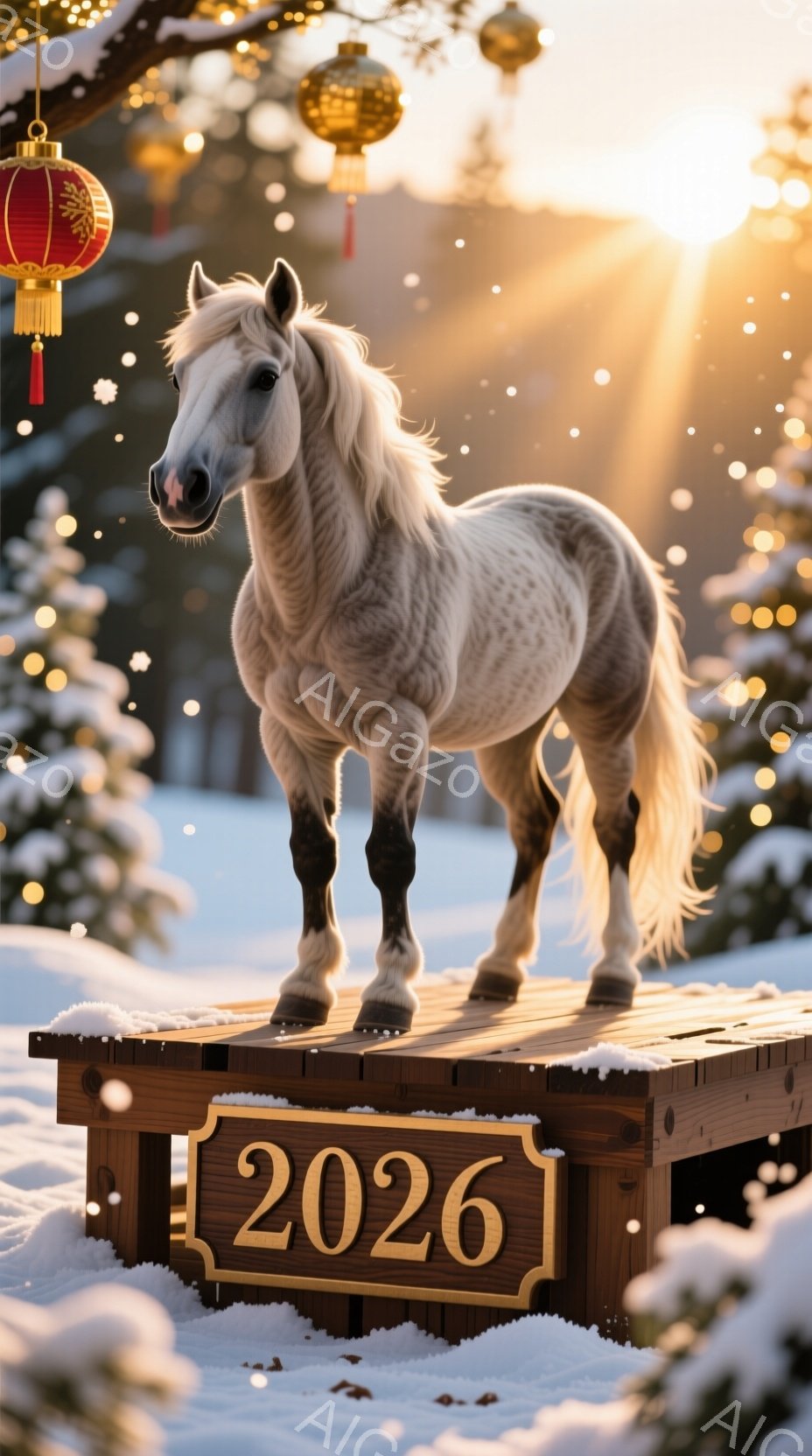 白い馬が雪に覆われた木製の台に立っており、背景にはぼやけた光と装飾が広がっています。馬は堂々とした姿勢でカメラを見つめ、冬の静寂と厳かさを表現しています。雪が舞い散る背景と暖色の光が、お祝いの雰囲気と馬の美しさを際立たせています。