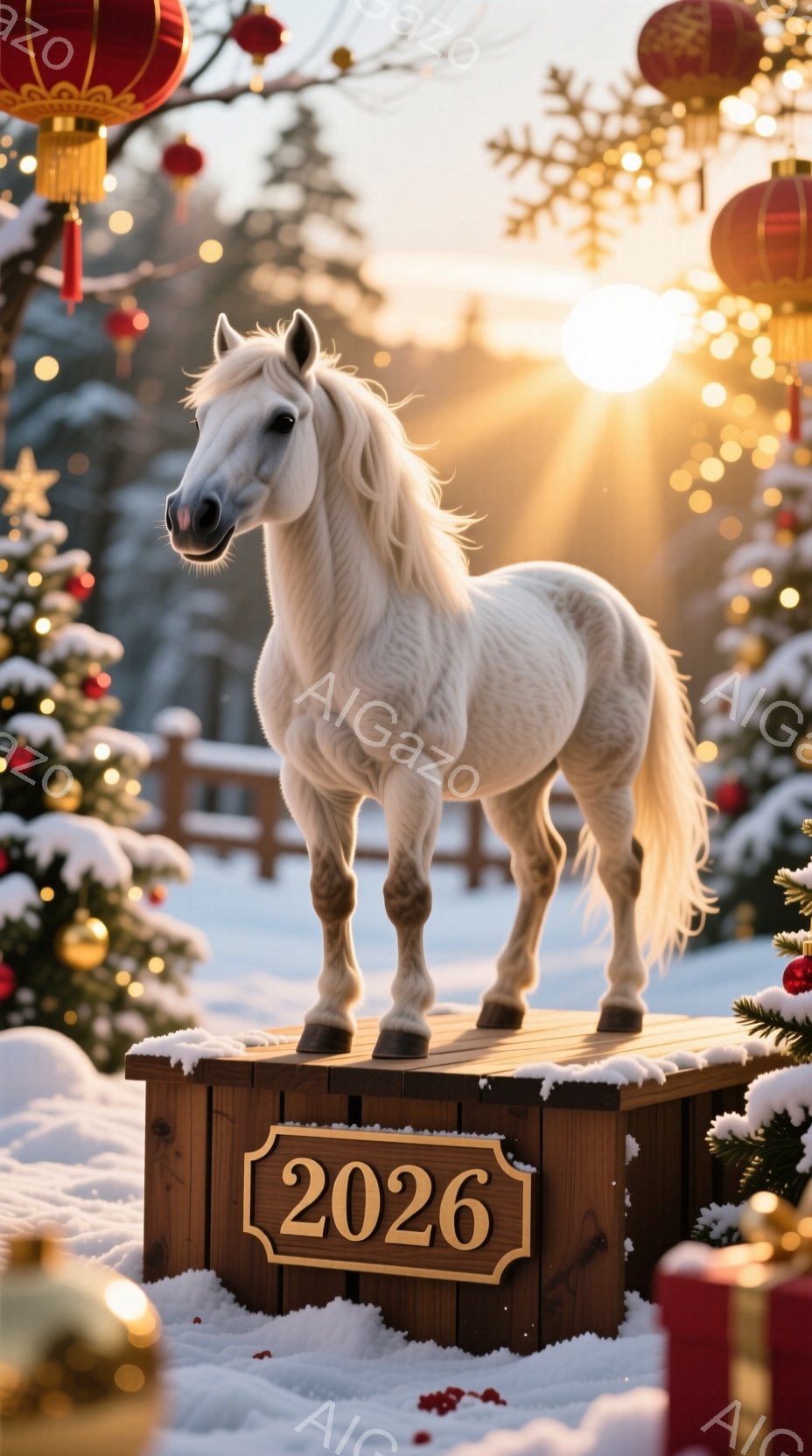 白い馬が雪景色の中に立っており、木製の台の上に堂々と立っています。背景には、雪に覆われた木々や、ぼやけた赤い提灯、そして日の光が差し込む冬の景色が広がっています。全体的に、静かで厳かな、新年の訪れを祝うような雰囲気が漂っています。
