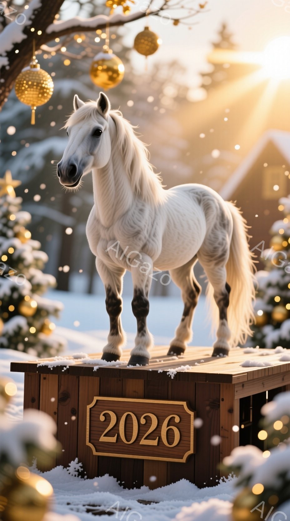 白い馬が雪景色の中に佇んでいます。馬は木製の台の上に立ち、自信に満ちた表情で正面を見据えています。背景には、雪に覆われた建物と、キラキラと輝く装飾が散りばめられた冬の風景が広がっており、全体的に暖かく、お祝いの雰囲気を醸し出しています。