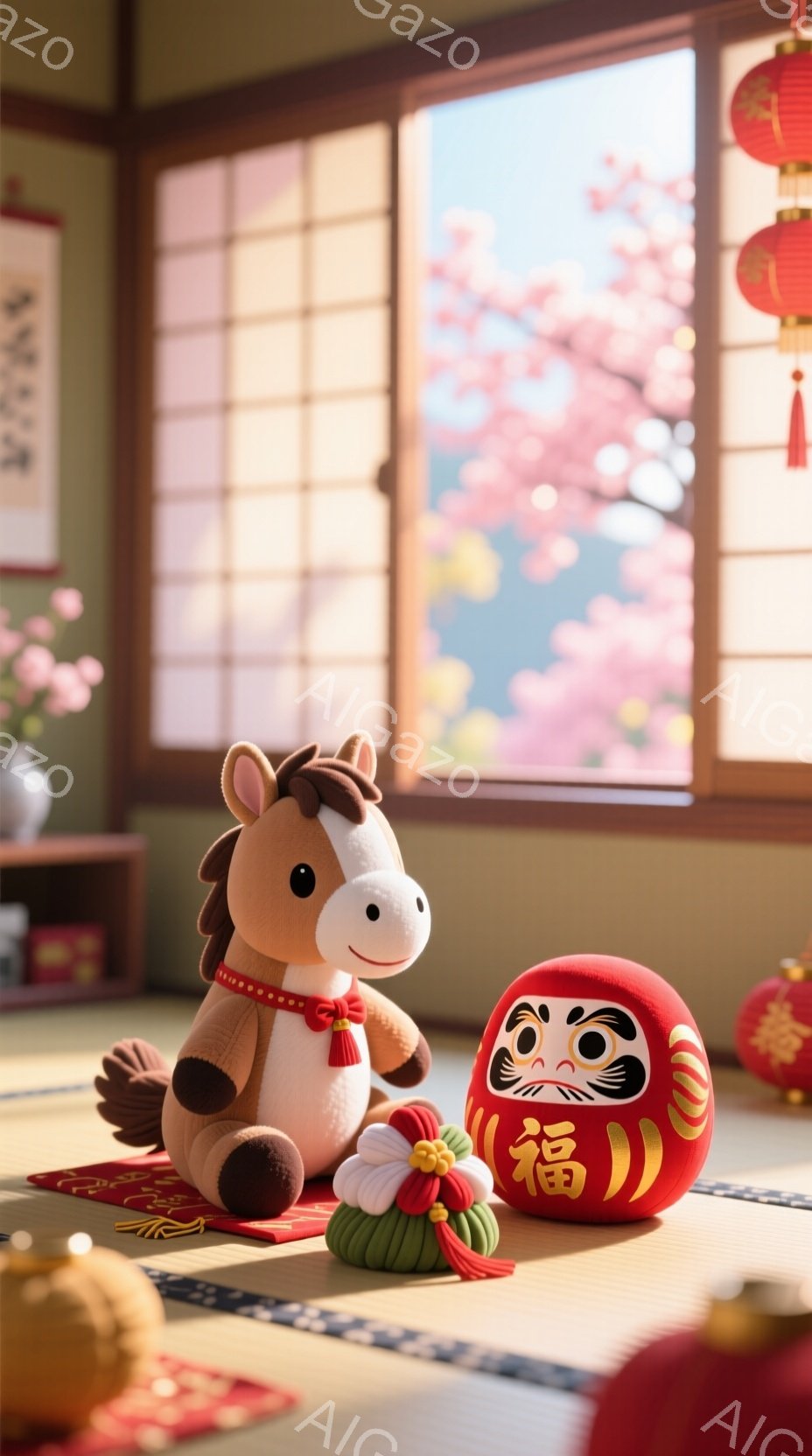 畳の上に、かわいらしい馬のぬいぐるみと、赤いダルマの人形が置かれています。背景には、桜が咲き誇る庭が見え、春の穏やかな雰囲気が漂っています。赤い提灯や書道作品が部屋を彩り、伝統的な日本の美しさを感じさせます。