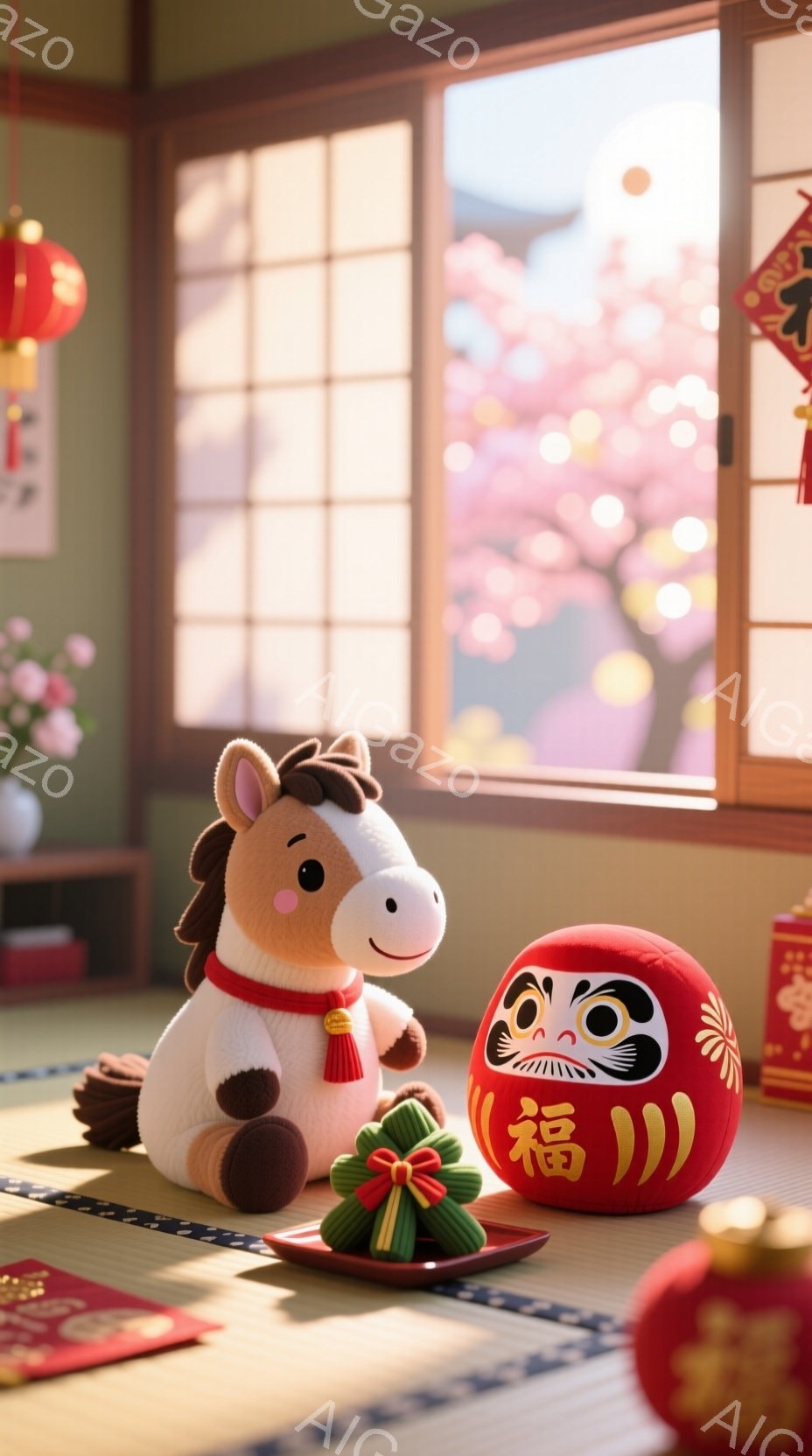 畳の上に、可愛らしいぬいぐるみのお馬さんと、大きな赤いだるまさんが並んでいます。背景には桜が咲き誇る庭と、明るい空が見え、春の暖かな雰囲気が漂っています。全体的に柔らかな光に包まれ、お正月や節句の穏や - AI生成フリー素材
