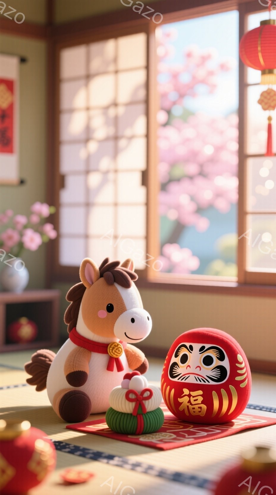 畳の部屋の中に、可愛らしい馬のぬいぐるみと、縁起の良いだるまが飾られています。窓からは桜が咲き誇る庭園が見え、春の暖かさと穏やかな雰囲気が漂っています。全体的に明るく、希望に満ちた、新年の挨拶にふさわしい情景です。