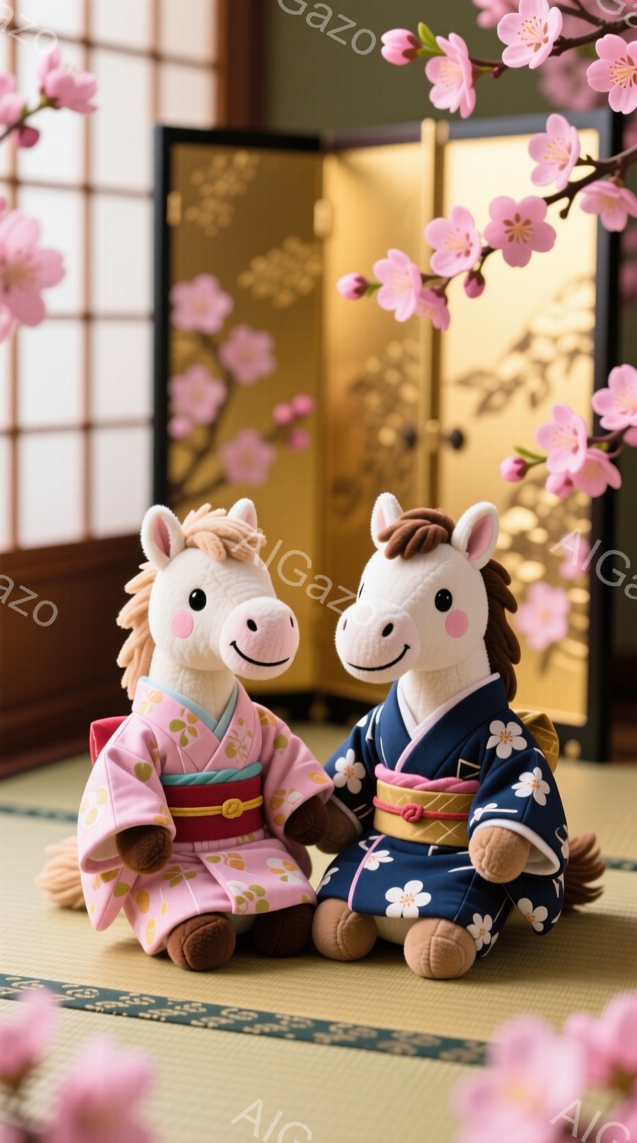 畳の上に、着物を着た2匹のぬいぐるみ馬が並んで座っています。ピンクと濃い青色の着物はそれぞれ白い花柄で、上品な印象を与えます。背景には、桜の花が咲き誇る襖絵があり、春の穏やかな雰囲気を醸し出しています。