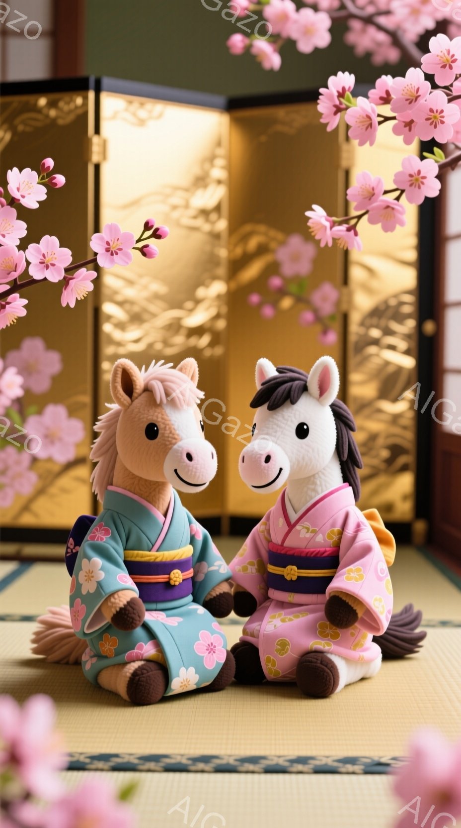 ぬいぐるみのような二頭の馬が、畳の上に座って向き合っています。馬たちはそれぞれ、ピンクと水色の美しい着物を着ており、頭には紫色のリボンが結ばれています。背景には金色の屏風と桜の花が咲き誇り、春の穏やかで華やかな雰囲気を醸し出しています。