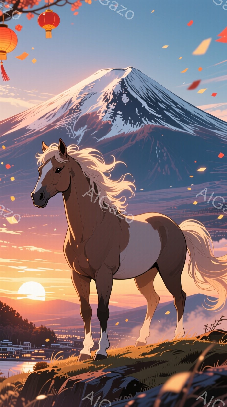 夕焼けを背景に、茶色の馬が草原で堂々と立っている。富士山が馬の後ろにそびえ立ち、オレンジ色の夕焼けが空と水面に反射している。流れるようなたてがみと、風に揺れる草原の草が、穏やかで力強い雰囲気を醸し出している。