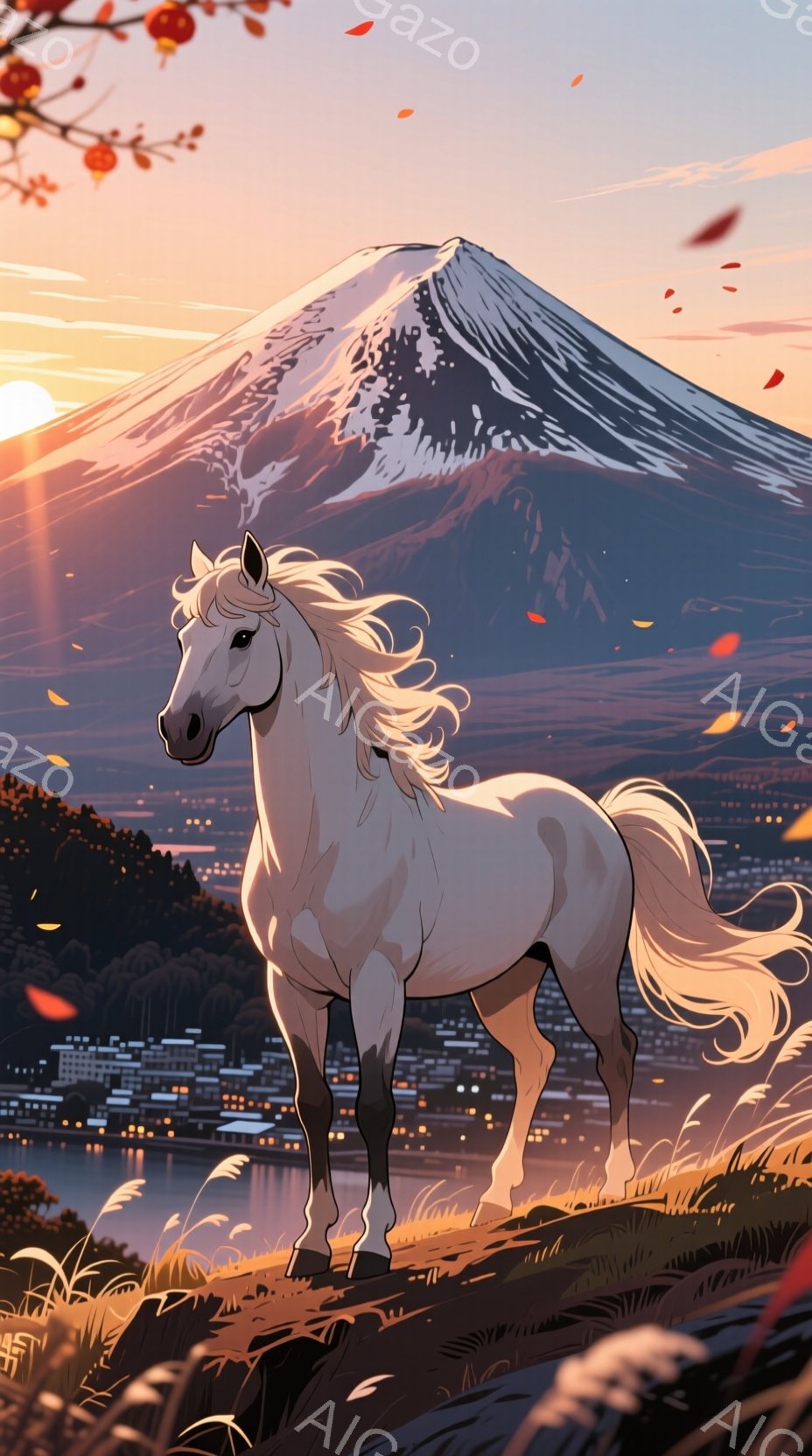 白い馬が草の生えた小高い丘の上に堂々と立っており、その毛並みは夕日に照らされて輝いている。背景には、雪を頂いた富士山が夕焼け空の下にそびえ立ち、その麓には建物の灯りが点在しているように見える。全体的に、穏やかで荘厳な雰囲気が漂っており、自然の美しさと馬の気高さが調和している。