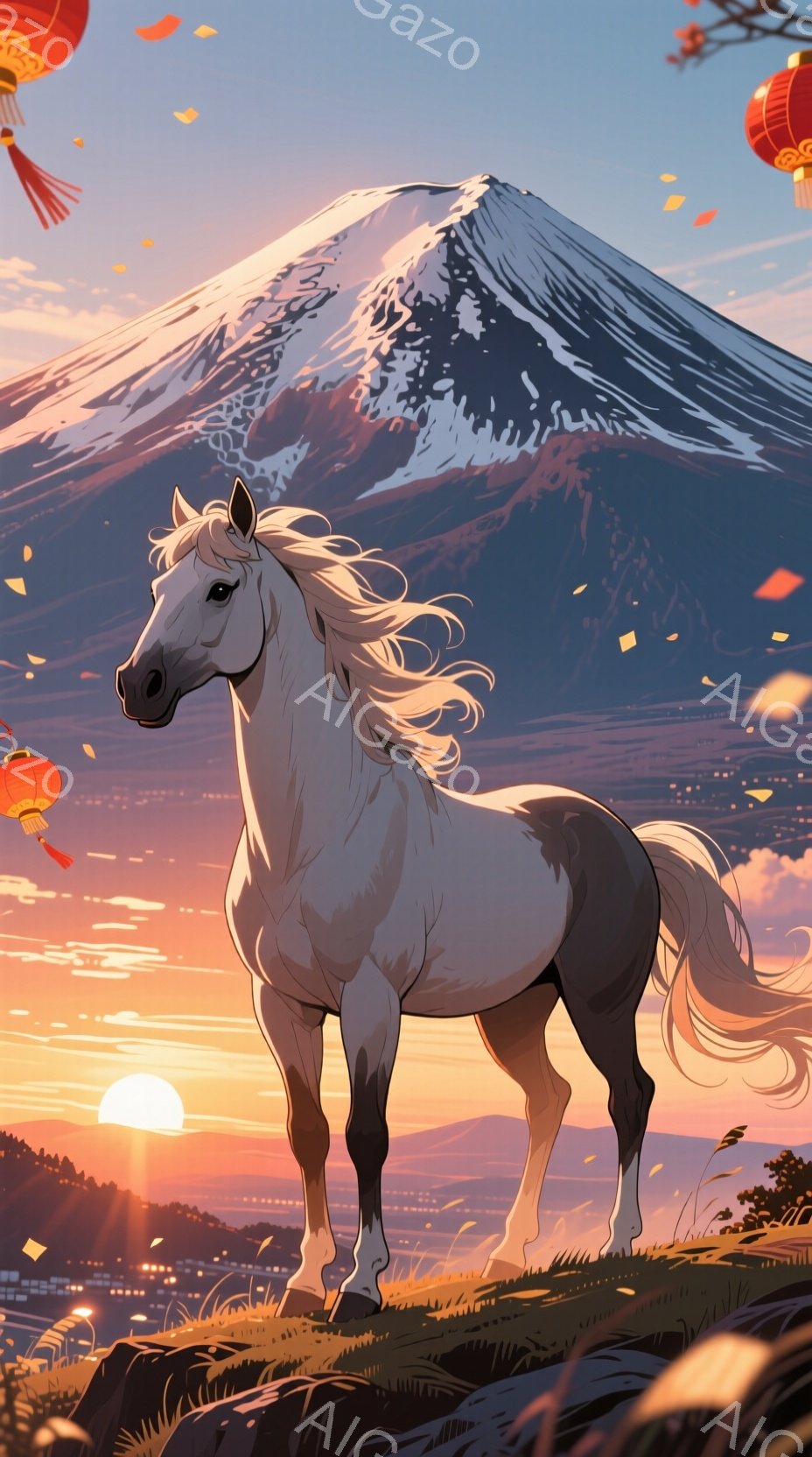 白い馬が夕焼けを背景にした富士山の麓の丘の上に堂々と立っている。空はオレンジと紫の色合いで染まり、散らばる花びらが幻想的な雰囲気を醸し出している。馬は毛並みが美しく、穏やかな表情で遠くを見つめている。