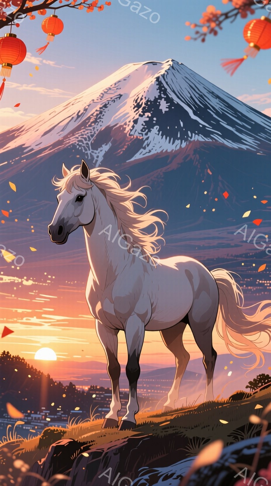 白い馬が、夕焼けに照らされた富士山の麓の緑豊かな丘の上に堂々と立っている。空はオレンジ色とピンク色のグラデーションで、舞い散る花びらが風に乗って漂っている。背景には小さな町並みが広がり、全体的に穏やかで平和な雰囲気を醸し出している。