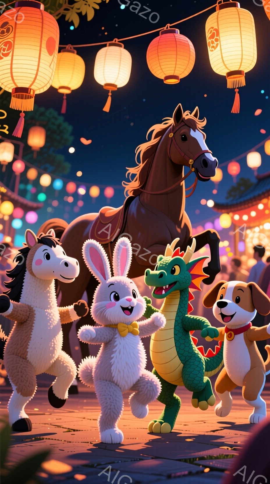 賑やかな夜の街を、かわいらしい動物たちが楽しそうに歩いている様子が描かれています。馬、ウサギ、ドラゴン、犬はそれぞれ明るい表情で、まるで祭りに出かけるかのように活気に満ちています。背景には提灯が灯り、 - AI生成フリー素材
