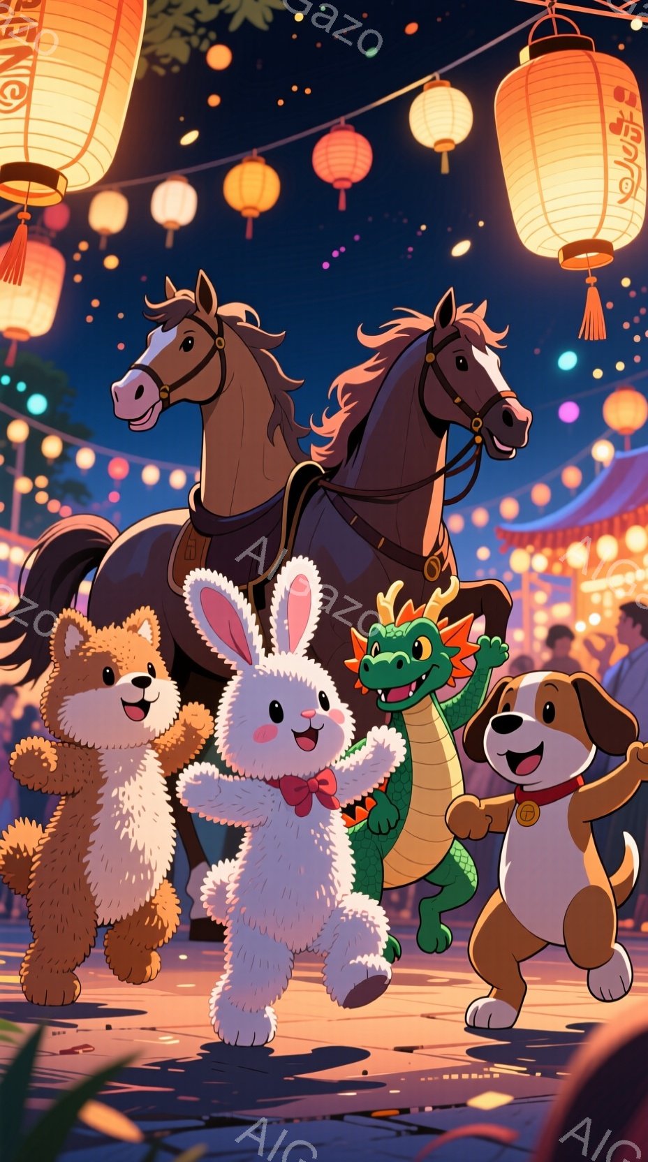 テディベア、ウサギ、ドラゴン、犬の４匹の動物が、夜の街を歩いている様子が描かれています。それぞれ小さな服を着ており、ウサギは赤いリボンをつけています。背景には赤い提灯が並び、夜空が広がっており、お祭り - AI生成フリー素材