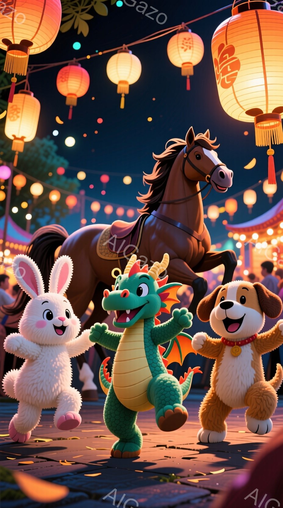 賑やかな祭りの背景で、緑色の小さなドラゴン、ピンクのウサギ、茶色の犬が楽しそうに歩いています。ドラゴンは嬉しそうな表情で、ウサギと犬は笑顔で、それぞれがお祝いの雰囲気を楽しんでいるようです。背景には提 - AI生成フリー素材