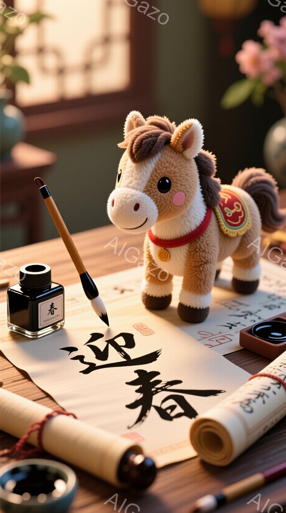 暖色系の木製テーブルの上には、書道用具と愛らしいぬいぐるみのお馬が置かれています。書道用具には墨、筆、そして「春」と書かれた巻物が並び、お馬は赤い衣装を身に着けて穏やかな表情を浮かべています。全体的に - AI生成フリー素材