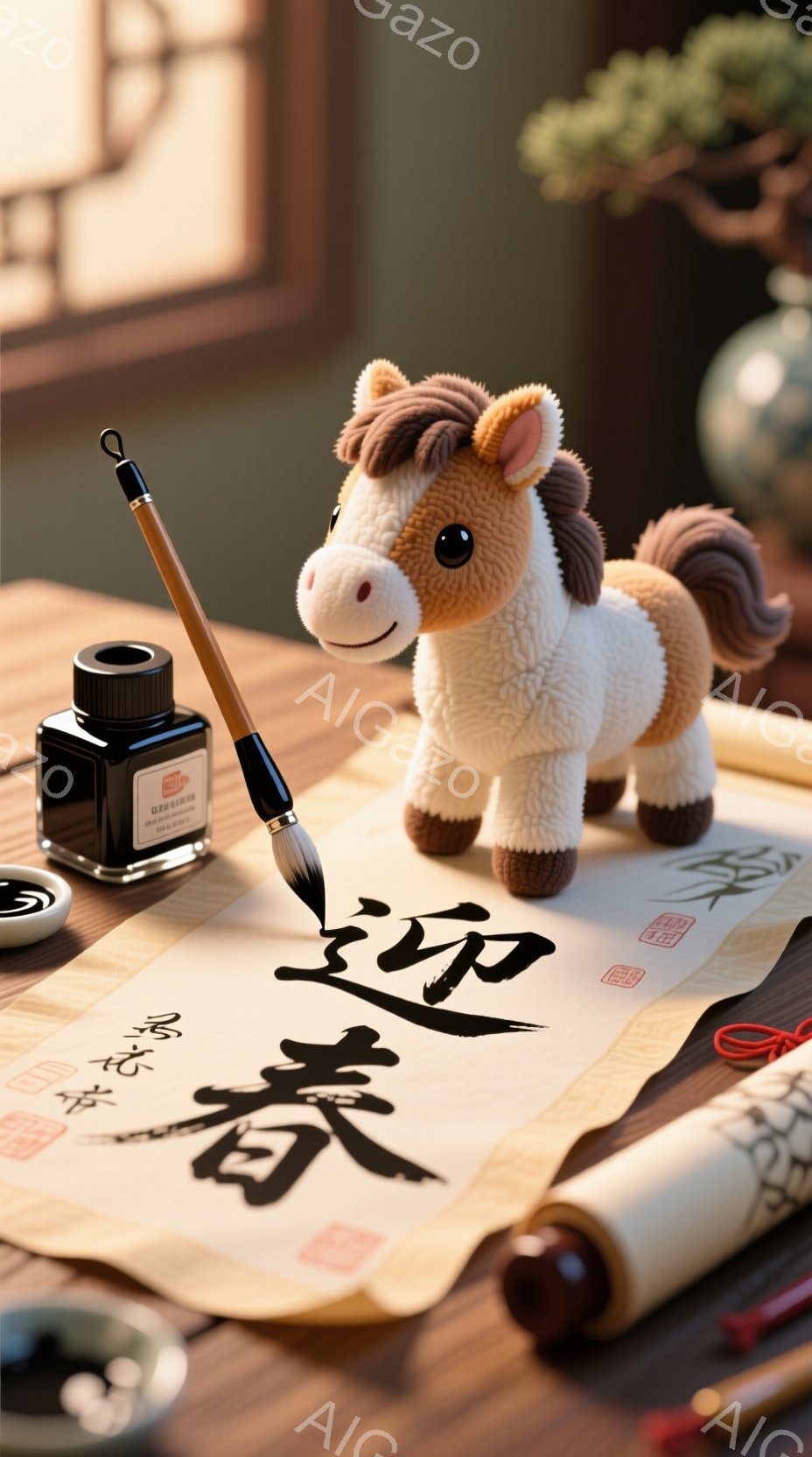 温かい色調の木製のテーブルの上に、書道用の道具と可愛らしいぬいぐるみの馬が置かれています。毛筆、墨汁、そして書かれた和紙が並び、馬は少し右側に寄り添うように立っています。背景にはぼんやりと盆栽のような植物が見え、全体的に静かで落ち着いた、芸術的な雰囲気を醸し出しています。