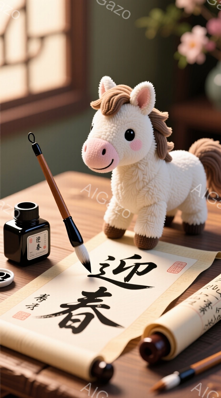 暖かく落ち着いた雰囲気の木製テーブルの上に、可愛らしい白い羊毛の馬の置物が置かれています。馬は穏やかな表情で正面を見つめており、墨と筆、そして書道で書かれた「如意」という文字が描かれた巻物が添えられています。背景にはぼやけた花瓶と窓からの柔らかな光が見え、日本の伝統的な書道の美しさと温かさを表現しています。
