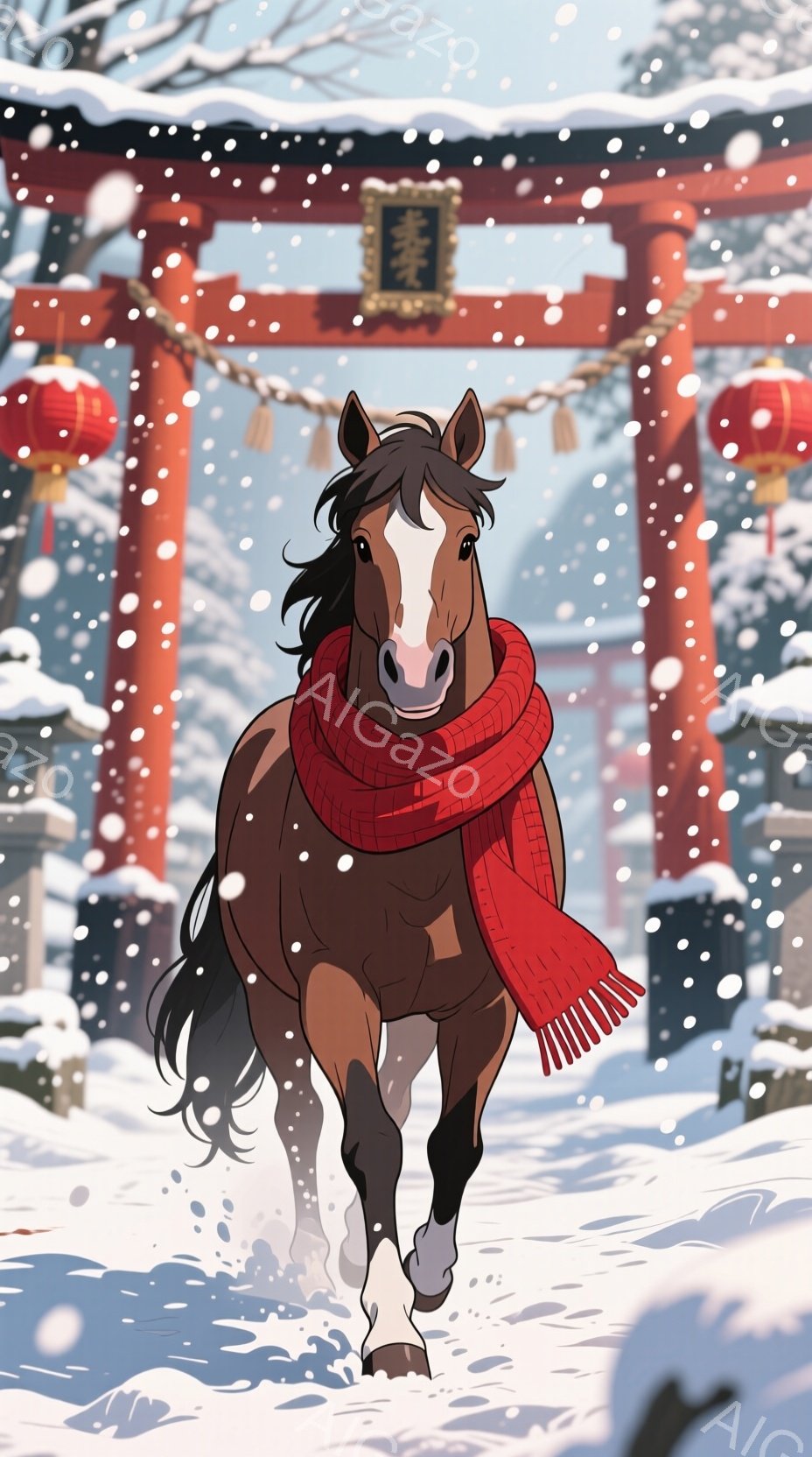 茶色の馬が雪の中を力強く走っている姿が描かれています。首には赤いマフラーが巻かれ、背景には雪化粧した鳥居と灯篭、そして雪が舞う冬の景色が広がっています。全体的に暖かく、活気のある冬の雰囲気が感じられます。