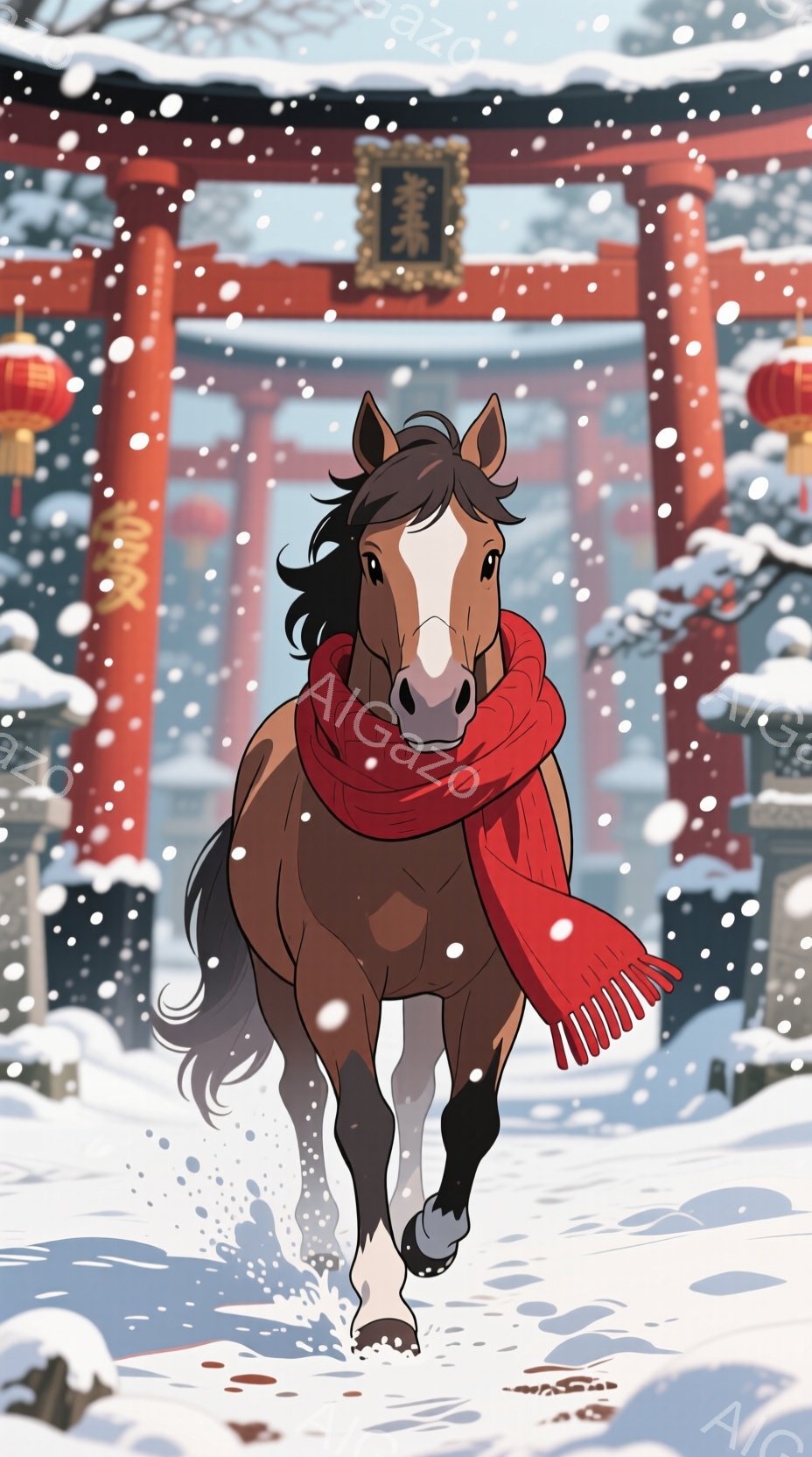 茶色の馬が雪景色の中を力強く駆け抜けている。赤いマフラーを首に巻き、雪煙を上げながら、まるで新年を迎えるように活気に満ちている。背景には鳥居と提灯が見え、雪が舞う静かで神聖な冬の雰囲気を醸し出している。