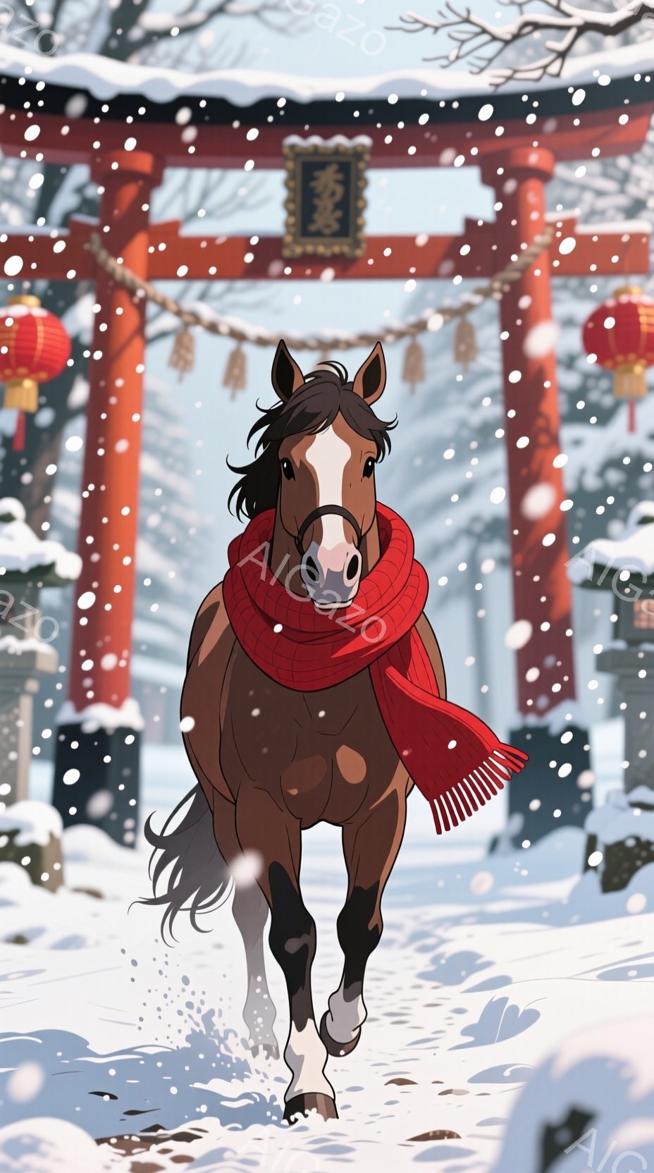 茶色の馬が雪景色の中を力強く駆けている。赤いスカーフを首に巻き、冬の寒さから身を守っているようだ。背景には雪化粧した鳥居と提灯が見え、お祭りや神聖な場所を連想させる冬の風景が広がっている。