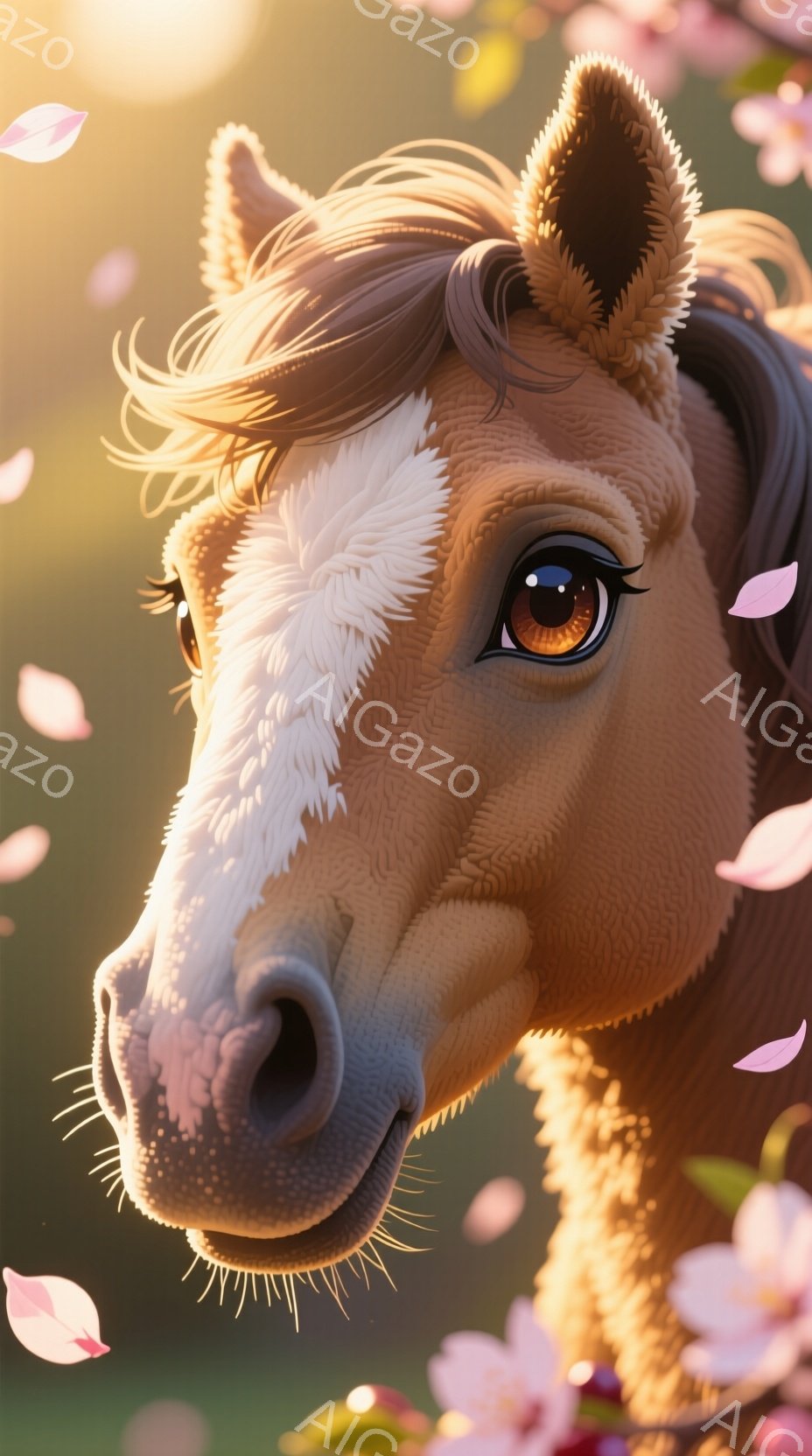 明るい茶色の毛並みを持つ馬の顔のクローズアップで、繊細な毛並みが丁寧に表現されている。背景には桜の花びらが舞い散り、暖かく柔らかい春の雰囲気を醸し出している。馬の瞳は輝きを帯びており、穏やかで優しい表 - AI生成フリー素材