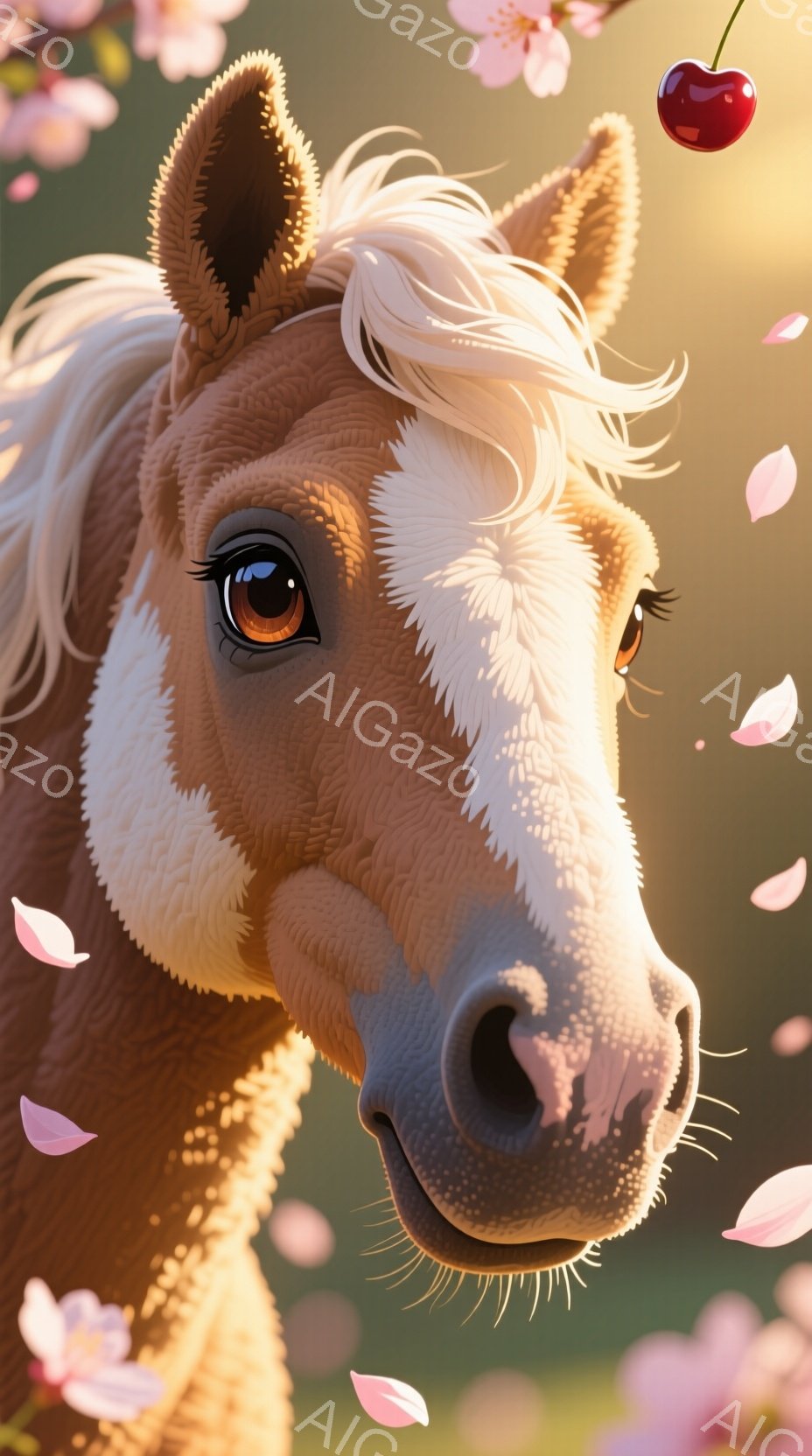 栗色の毛並みを持つ馬の顔が、桜の花びらが舞う中でクローズアップされています。温かい光が当たっており、馬の表情は穏やかで、どこか憂いを帯びています。背景にはぼんやりと桜の木々と、わずかに赤い実が見え、春の暖かな雰囲気を醸し出しています。