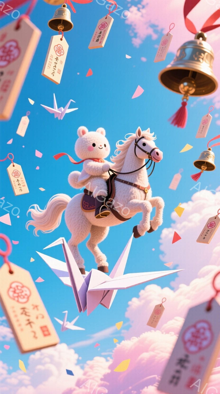ふわふわとした白い馬に乗った、茶色の毛並みのクマが描かれています。クマは赤い小さな帽子とサスペンダー付きの服を着ており、楽しそうに馬の背中に座っています。背景には、折り紙の鶴や御守、ベルが空中に舞い、淡いピンクと青の雲が広がり、お祝いムードを醸し出しています。