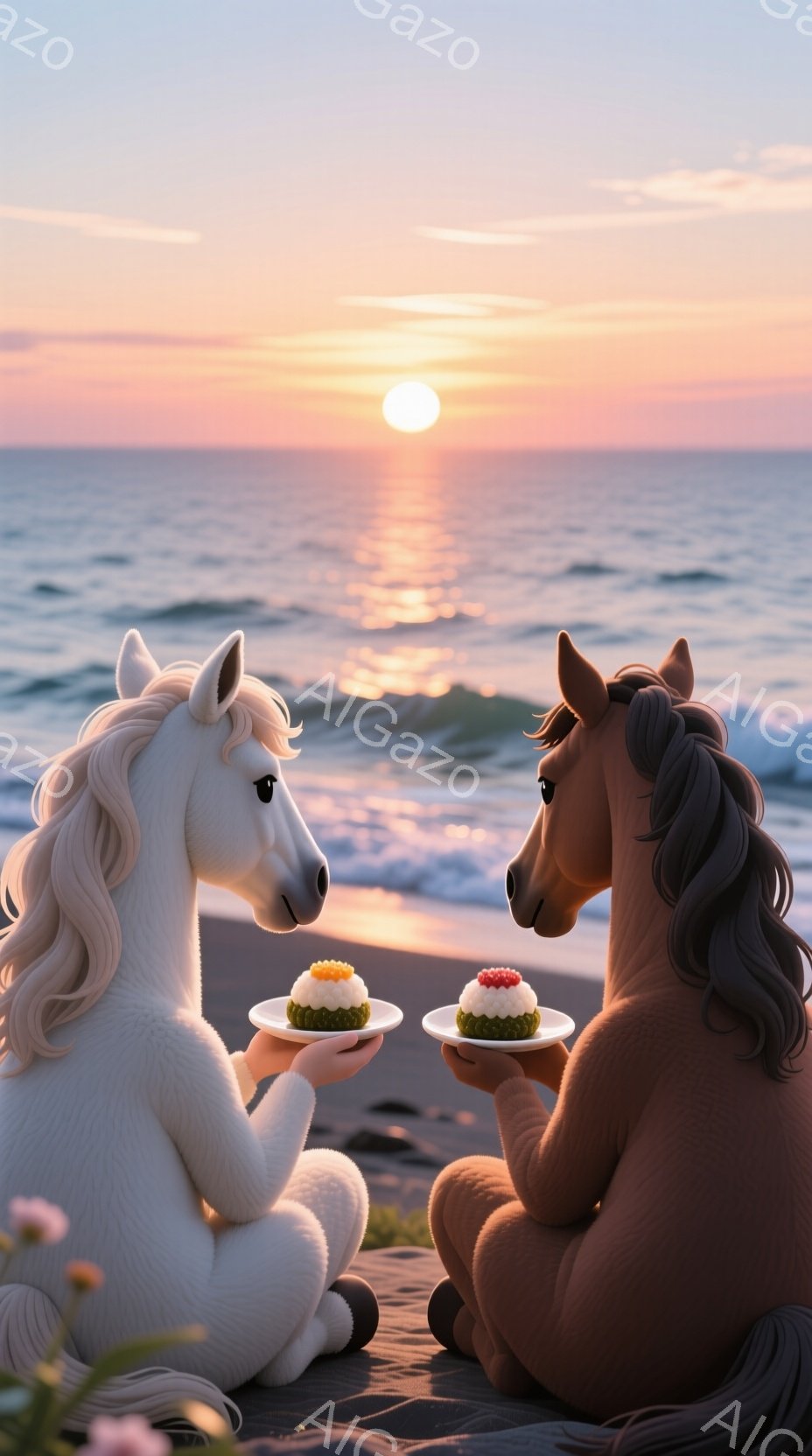 白と茶色の馬が砂浜に座り、それぞれお皿に盛られたケーキを手にしています。背景には穏やかな海と、夕焼けに染まる空が広がり、ロマンチックで穏やかな雰囲気を醸し出しています。馬たちは穏やかな表情で互いを見つ - AI生成フリー素材