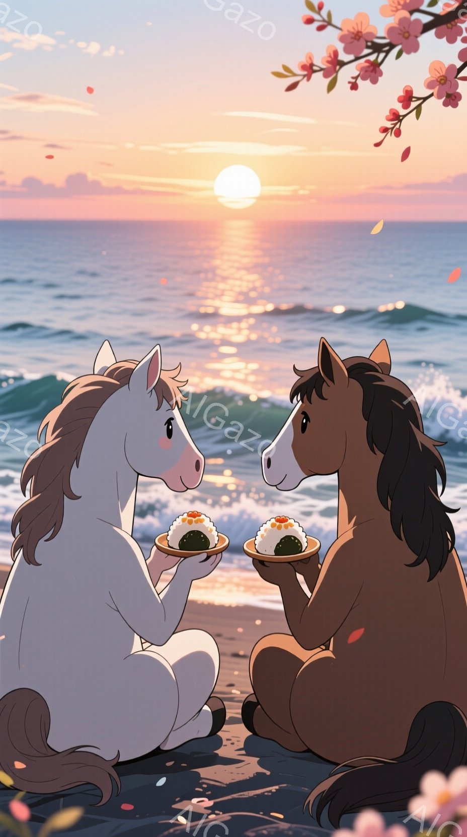 白と茶色の二頭の馬が、打ち寄せる波打ち際に座り、それぞれお皿に盛られたご飯を手に持っています。背景には、夕焼け空と穏やかな海が広がり、桜の花びらが舞い散る様子が描かれています。全体的に暖かく穏やかな雰囲気で、馬たちは互いに微笑み合い、親しげな時間を過ごしているように見えます。