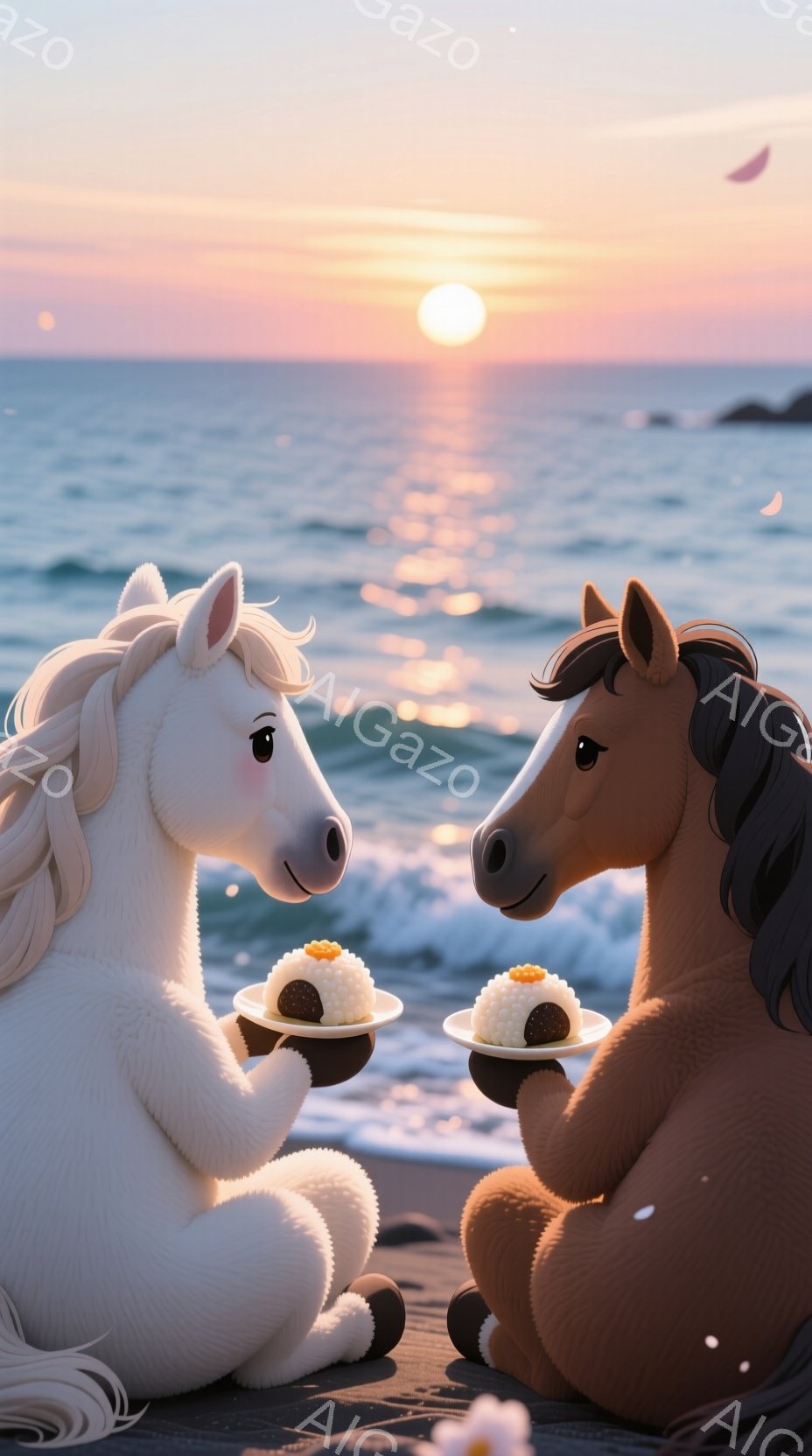 白と茶色の2頭の馬が、黒い砂浜に座り、それぞれ白い皿に盛られたおにぎりを手に持っています。背景には穏やかな海が広がり、夕焼けのオレンジとピンクが空を染め、穏やかで平和な雰囲気を醸し出しています。馬たちは穏やかな表情で、夕暮れ時の静かな海辺で食事を楽しむ様子が伺えます。