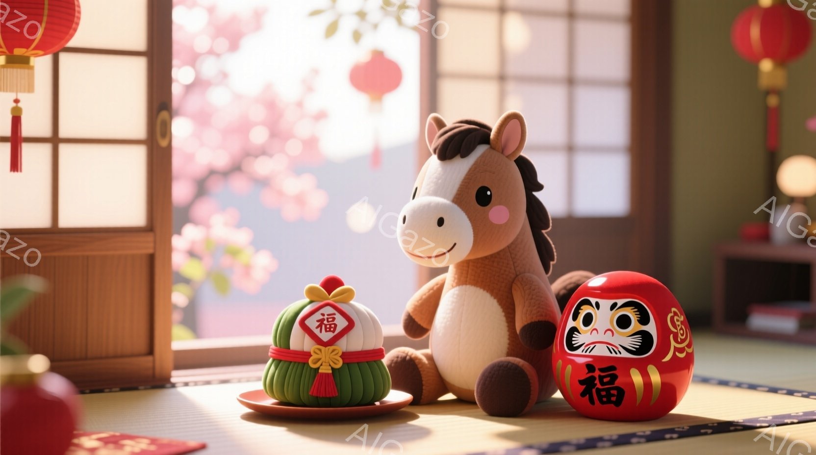 畳の上に、かわいらしいぬいぐるみと縁起の良いものが並んでいます。茶色の馬のぬいぐるみは、赤いだるまのおもちゃと、祝いの結び飾りをつけたお団子と一緒に、春らしい窓辺に座っています。全体的に、暖かく、お祝いの雰囲気で、日本の伝統的な美しさが感じられます。
