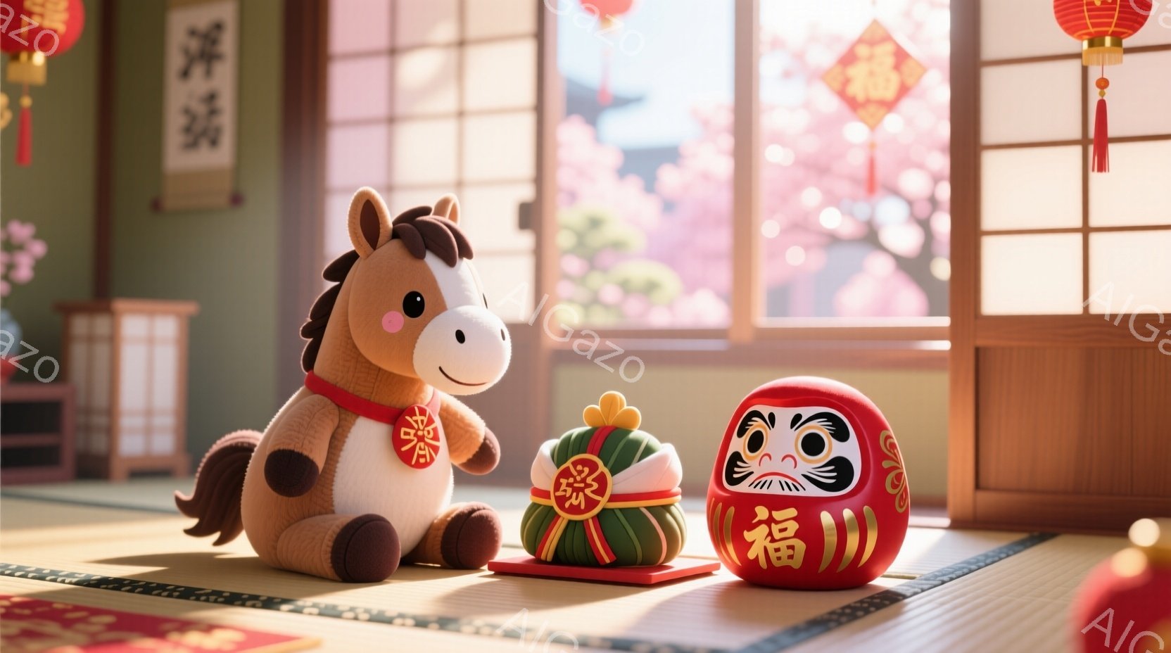畳の部屋に、可愛らしい馬のぬいぐるみが座っています。馬は赤い装飾が施された服を着ており、横には緑色の座布団と、赤いダルマの人形が置かれています。背景には、桜の花が咲き誇る美しい景色が見え、春の穏やかな雰囲気を醸し出しています。