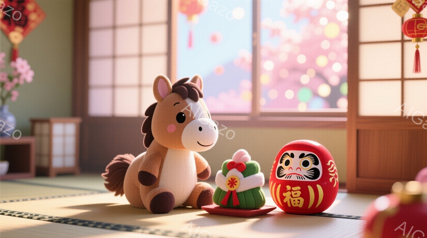畳の部屋の中央に、かわいらしい茶色の馬のぬいぐるみと、赤い縁起の良いだるまの人形が置かれています。だるまの頭には緑色の飾りと赤い梅の花がついており、縁起の良いお正月らしい雰囲気を醸し出しています。背景 - AI生成フリー素材