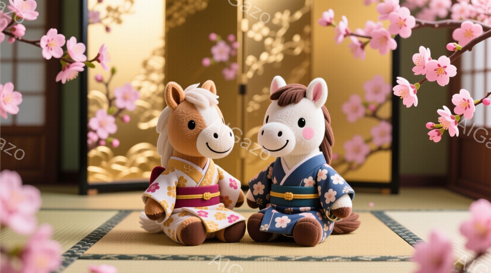 ぬいぐるみ2匹が畳の上に座っており、それぞれ異なる色の着物を着ています。片方のぬいぐるみはピンクと白の着物で、もう片方は青と白の着物で、どちらも金色の帯で締まっています。背景には金色の屏風と桜の花が咲 - AI生成フリー素材