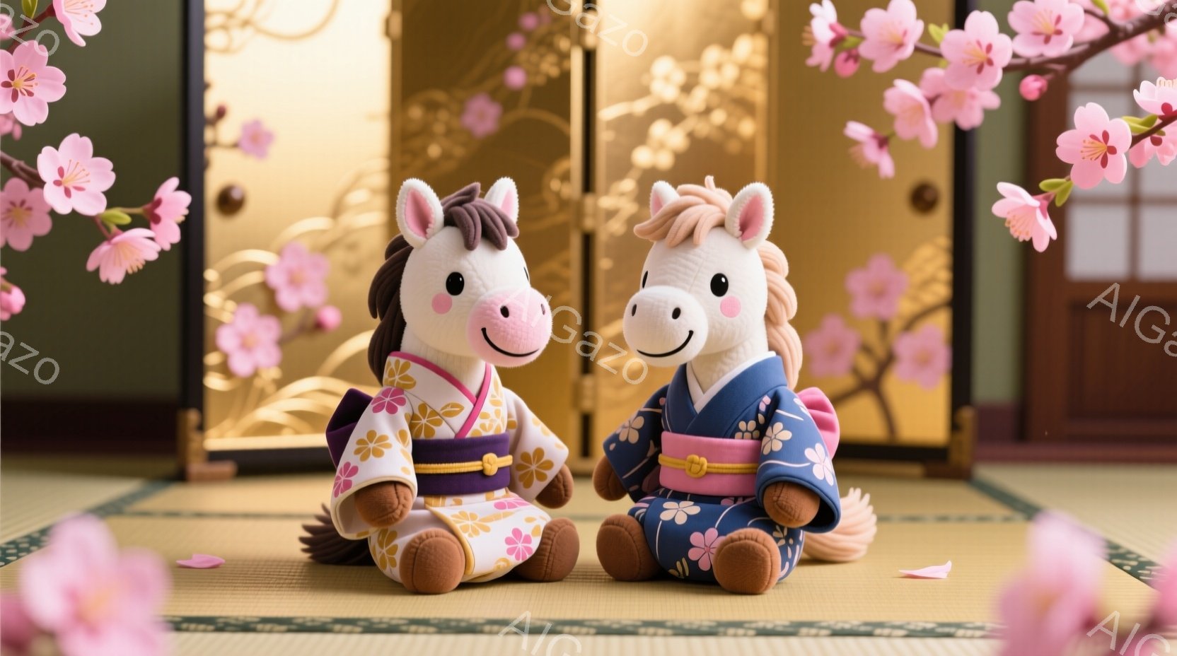 ふわふわのぬいぐるみである馬が二頭、畳の上に並んで座っています。一頭はピンクと黄色の花柄の着物を着ており、もう一頭は青色の花柄の着物を着ています。背景には金色の屏風と桜の花が咲き乱れる枝があり、春の穏やかな雰囲気を醸し出しています。
