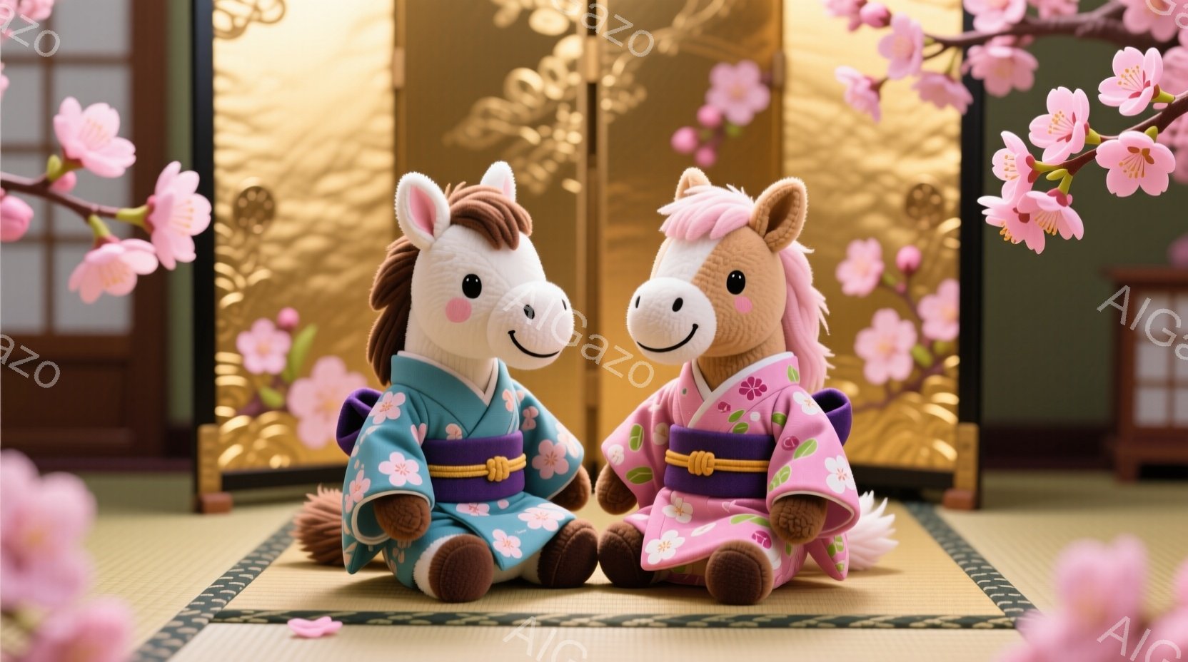 ふわふわのぬいぐるみである馬が2匹、畳の上に座っています。どちらの馬も、ピンクや黄色の花柄が描かれた可愛らしい着物を身につけ、腰には赤い帯が巻かれています。背景には金色の屏風と桜の花が咲き乱れる枝があり、春の穏やかで優しい雰囲気を醸し出しています。