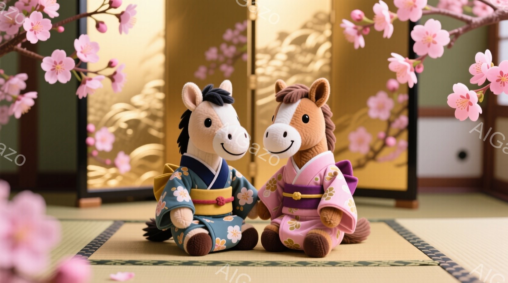 畳の上に、着物を着た2匹のぬいぐるみ馬が座っています。一匹は青色の着物で、もう一匹はピンク色の着物で、共に腰に飾り紐を結んでいます。背景には金色の屏風と桜の花が咲き乱れ、穏やかで優雅な雰囲気を醸し出し - AI生成フリー素材