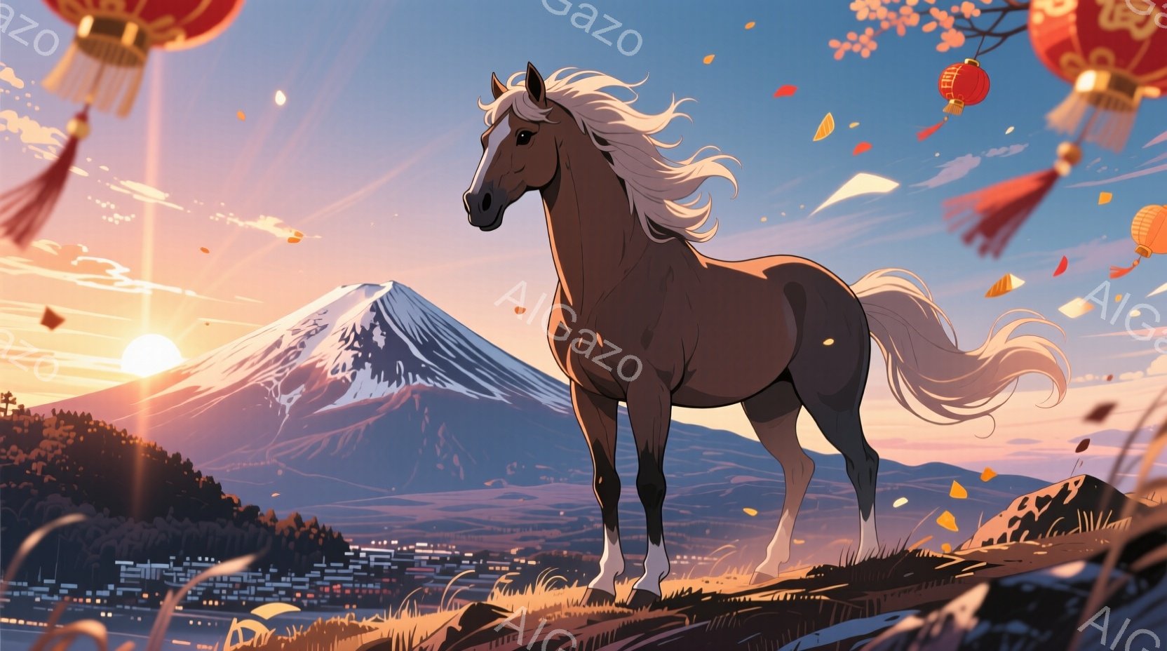 鮮やかな夕焼けを背景に、茶色の馬が丘の上に堂々と立っている。背景には富士山が雪を抱き、麓には小さな町並みが広がり、空には赤い提灯が舞っている。馬は白く豊かなたてがみと尾を持ち、力強く美しい姿で、穏やかで壮大な雰囲気を醸し出している。