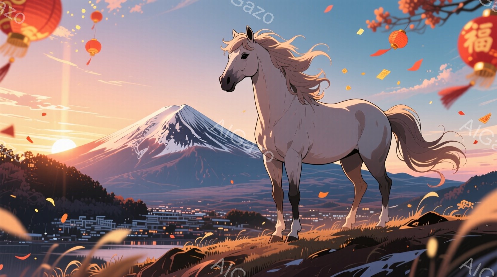 白い馬が丘の上に堂々と立っている。背景には富士山が夕焼けに照らされ、麓には小さな町並みが広がり、空には色とりどりの提灯が舞っている。全体的に暖かく、幻想的な雰囲気で、日本の伝統的な美しさと力強さが感じられる。