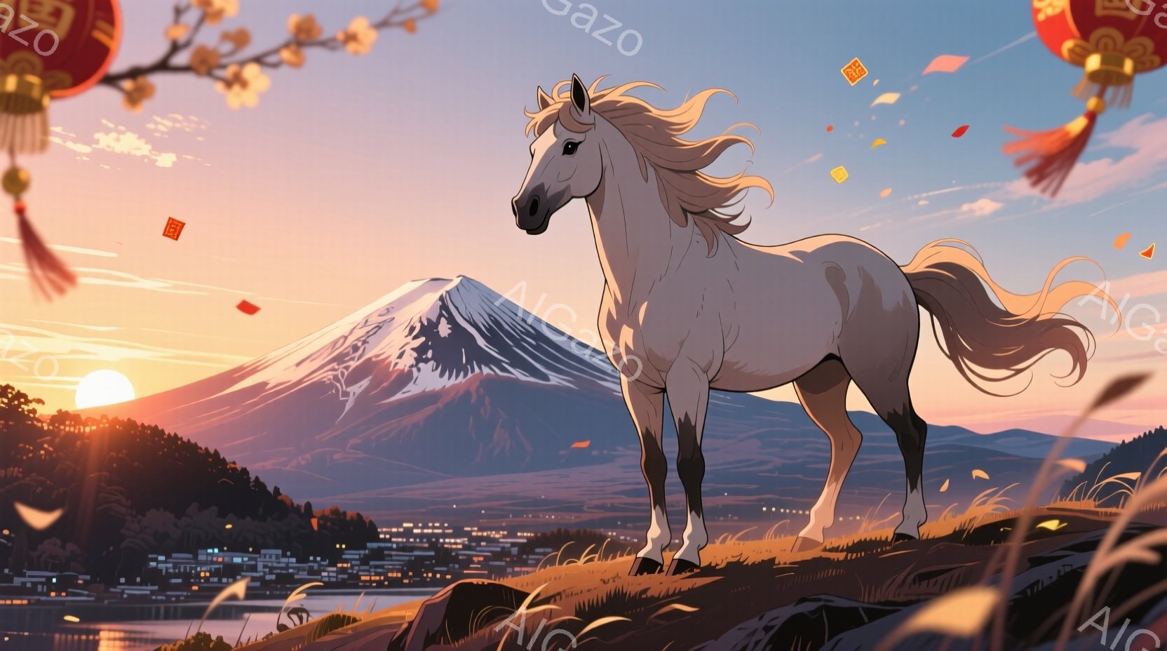 白い馬が、富士山を背景に丘の上に立っている。馬のたてがみと尾は風になびき、夕焼け空と、丘の下の町並み、そして湖が美しい風景を作り出している。空には日本の伝統的な装飾が舞い、穏やかで希望に満ちた雰囲気を醸し出している。