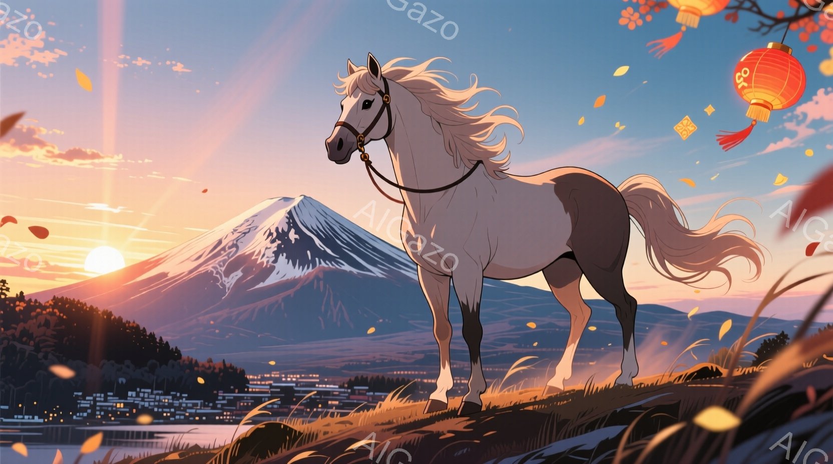 白い馬が、富士山を背景に丘の上に立っている。夕焼け空の下、風にたなびくたてがみと、周囲を舞う落ち葉が、穏やかで詩的な雰囲気を醸し出している。遠くには小さな町並みが広がり、自然と文明が調和した美しい風景である。