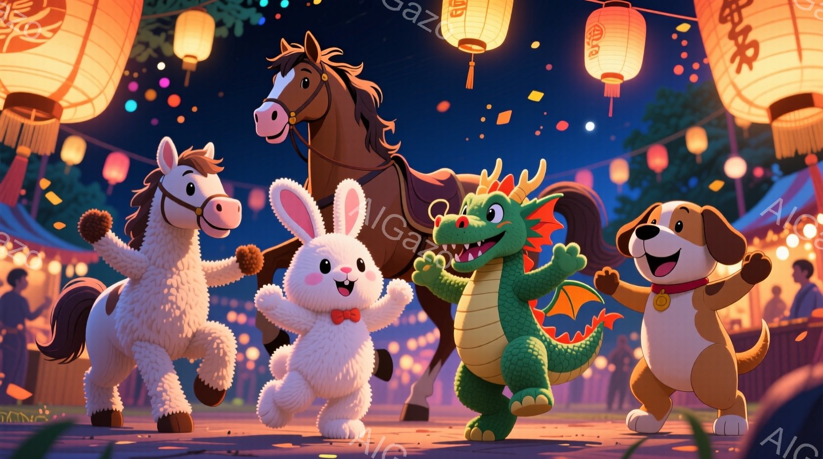 賑やかな夜の祭り会場で、馬、ウサギ、ドラゴンの緑色のキャラクター、犬の４匹が腕を上げて楽しそうにしている。背景には、提灯が飾られ、ぼんやりとした人影が見え、お祭り特有の活気と温かい雰囲気が漂っている。 - AI生成フリー素材