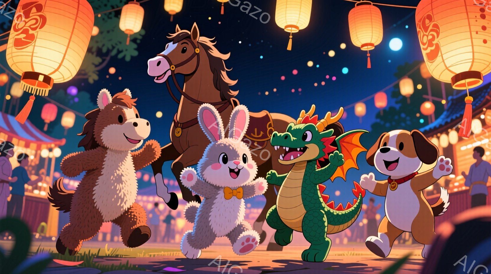 賑やかな夜の祭りで、可愛らしい動物たちが楽しそうに駆けている様子が描かれています。茶色のクマ、白い蝶ネクタイを付けたウサギ、緑色のドラゴン、そして赤いバンダナを付けた犬が、夜空を照らす提灯の下を駆け抜けています。背景には、ぼやけた人々の姿や、伝統的な様式の建物が見え、お祭り特有の活気と楽しさがあふれています。