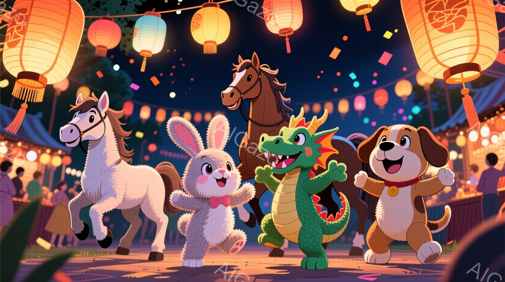 お祭りやイベントの賑やかな背景を背景に、馬、ウサギ、ワニ、犬の4匹の動物が描かれています。動物たちは皆、楽しそうにこちらに向かって歩いてきており、表情豊かで活気に満ちています。背景には、提灯が飾られ、人々の姿も見え、お祭りの華やかな雰囲気が伝わってきます。