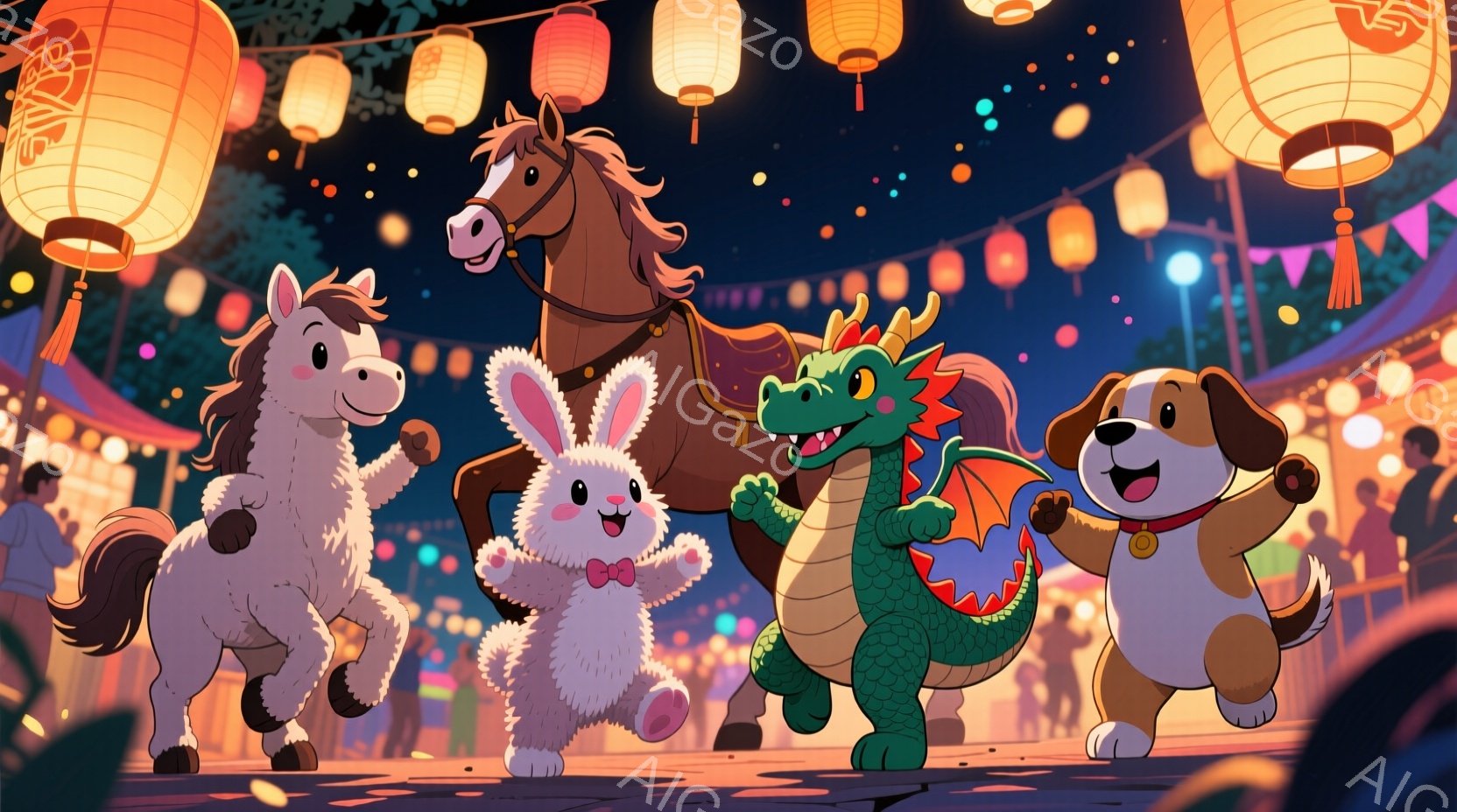 賑やかな夜の祭りを背景に、愛らしい動物たちが楽しそうに歩いている様子が描かれています。白馬、ウサギ、緑色のドラゴン、茶色の犬がそれぞれ異なるポーズで前進し、祭りの飾り付けや人々の楽しそうな様子が背景に見られます。全体的に明るく、活気のある、お祭り気分を感じさせる雰囲気です。