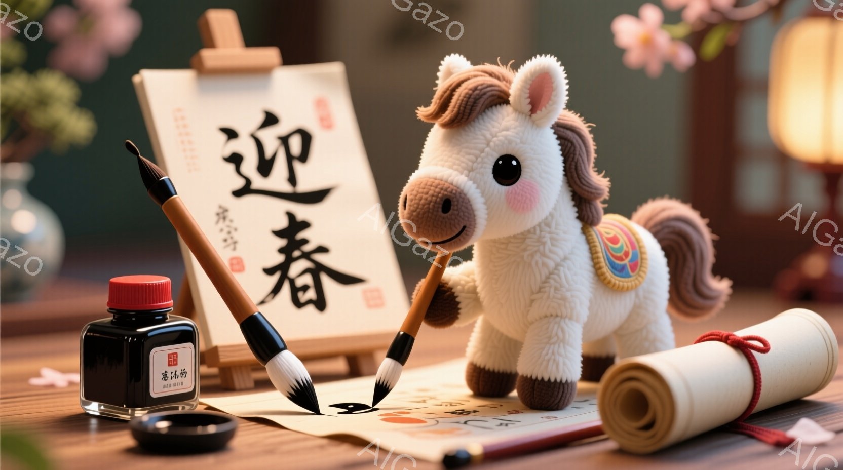 柔らかいクリーム色の縫いぐるみの馬が、墨と筆、そして書道用紙の前に立っています。背景には、ぼやけた桜の花と、伝統的な和紙の引き戸が見え、穏やかで静寂な雰囲気を醸し出しています。書道用紙には「連春」とい - AI生成フリー素材