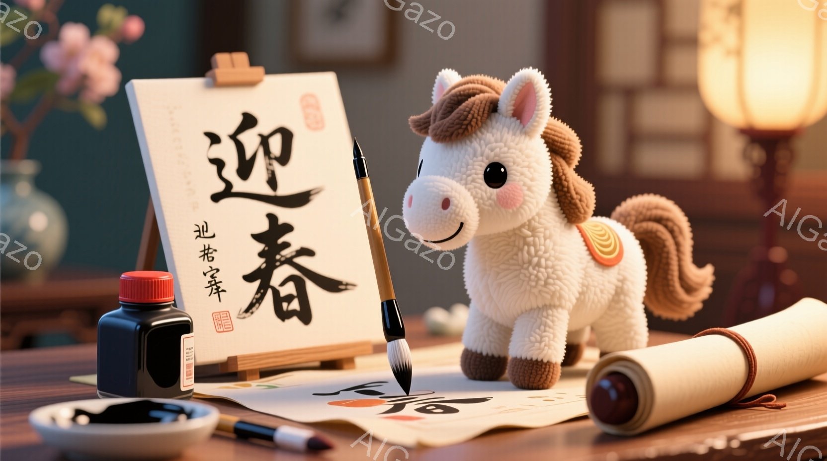 白い毛並みの可愛らしい馬のぬいぐるみが画面の右側に立っており、優しい表情をしています。背景には書道用の墨、筆、そして「如意吉祥」（にょいけっかい – as you wish, good luck）と書 - AI生成フリー素材